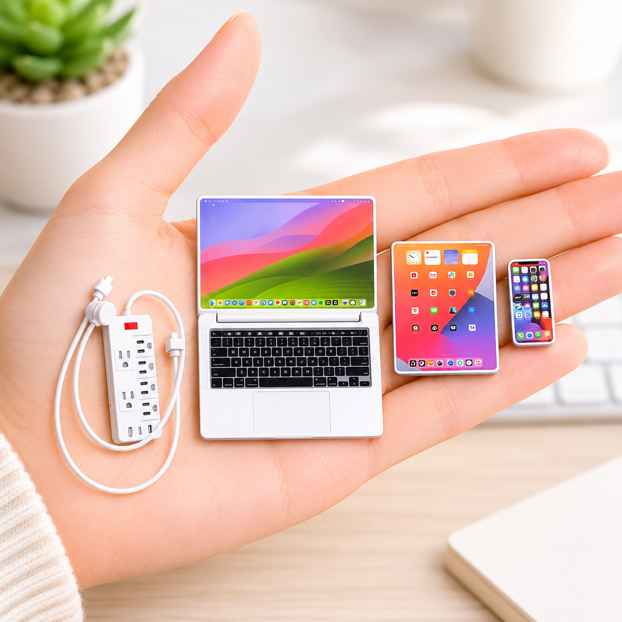 1:6 Scale Miniature Modern Tech Set - Dollhouse Laptop, Tablet, Smartphone & Power Strip - Realistic Office Accessories (White Edition)