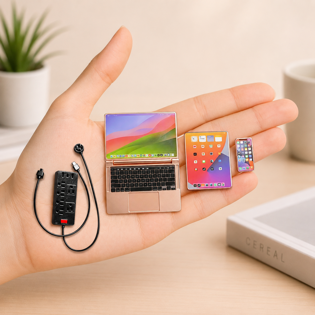 1:6 Scale Miniature Modern Tech Set - Dollhouse Laptop, Tablet, Smartphone & Power Strip - Realistic Office Accessories (RoseGolden Edition)