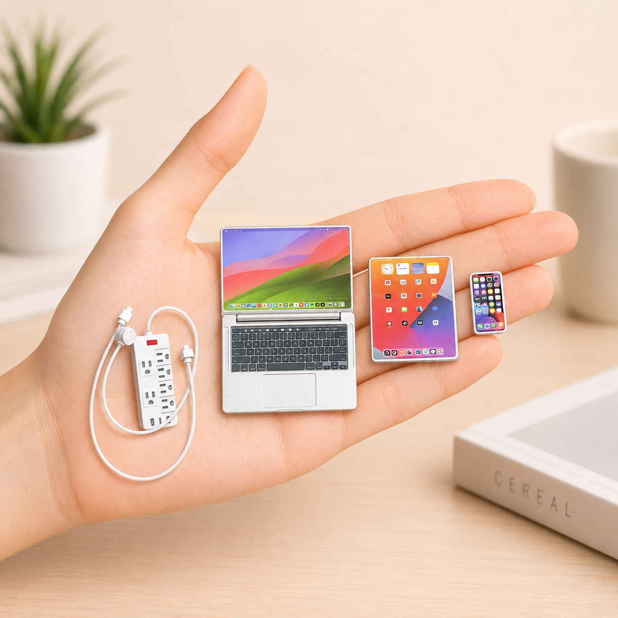 1:6 Scale Miniature Modern Tech Set - Dollhouse Laptop, Tablet, Smartphone & Power Strip - Realistic Office Accessories (Silvery Edition)