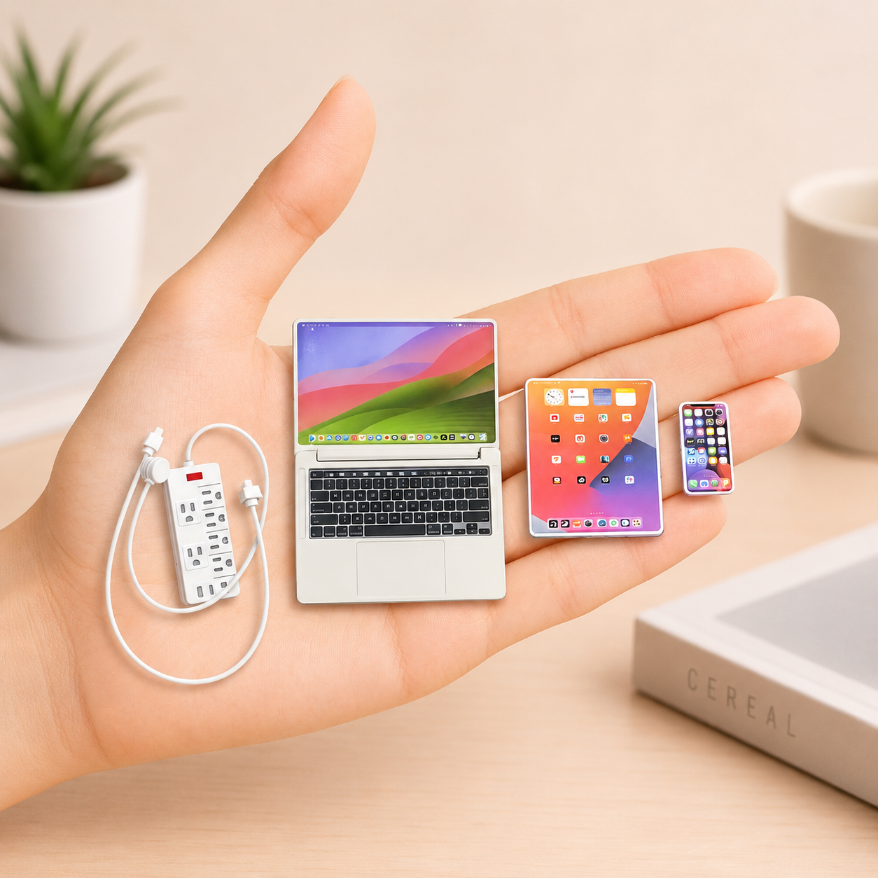 1:6 Scale Miniature Modern Tech Set - Dollhouse Laptop, Tablet, Smartphone & Power Strip - Realistic Office Accessories (Titanium  Edition)