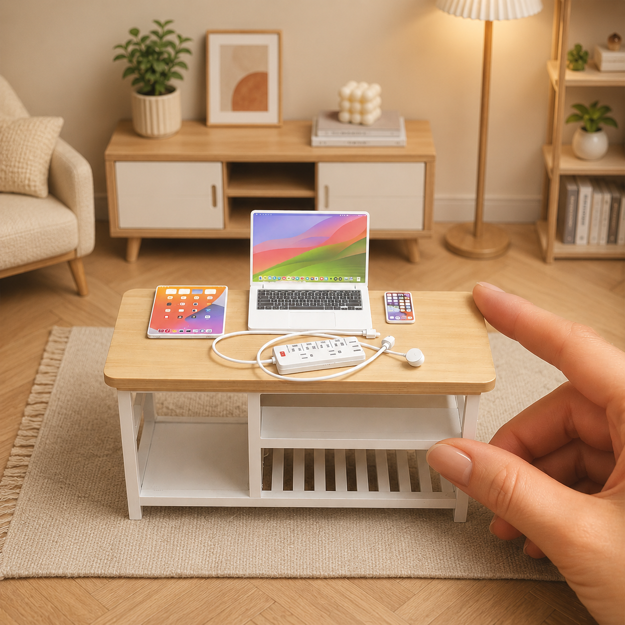 1:6 Scale Miniature Modern Tech Set - Dollhouse Laptop, Tablet, Smartphone & Power Strip - Realistic Office Accessories (White Edition)