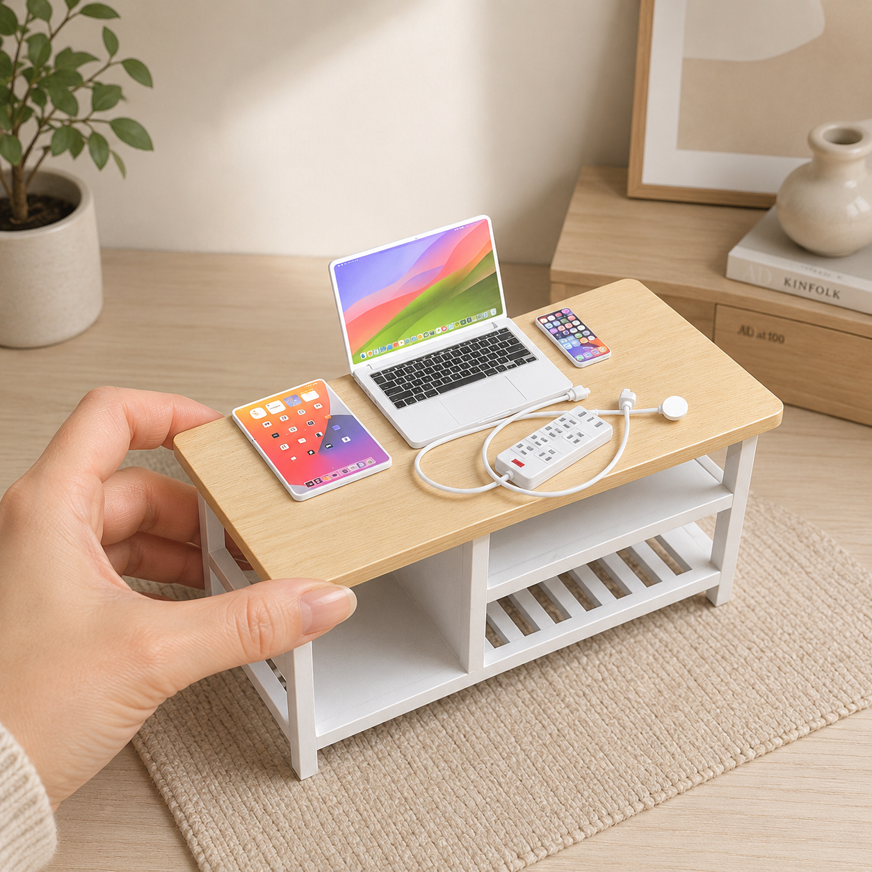1:6 Scale Miniature Modern Tech Set - Dollhouse Laptop, Tablet, Smartphone & Power Strip - Realistic Office Accessories (White Edition)