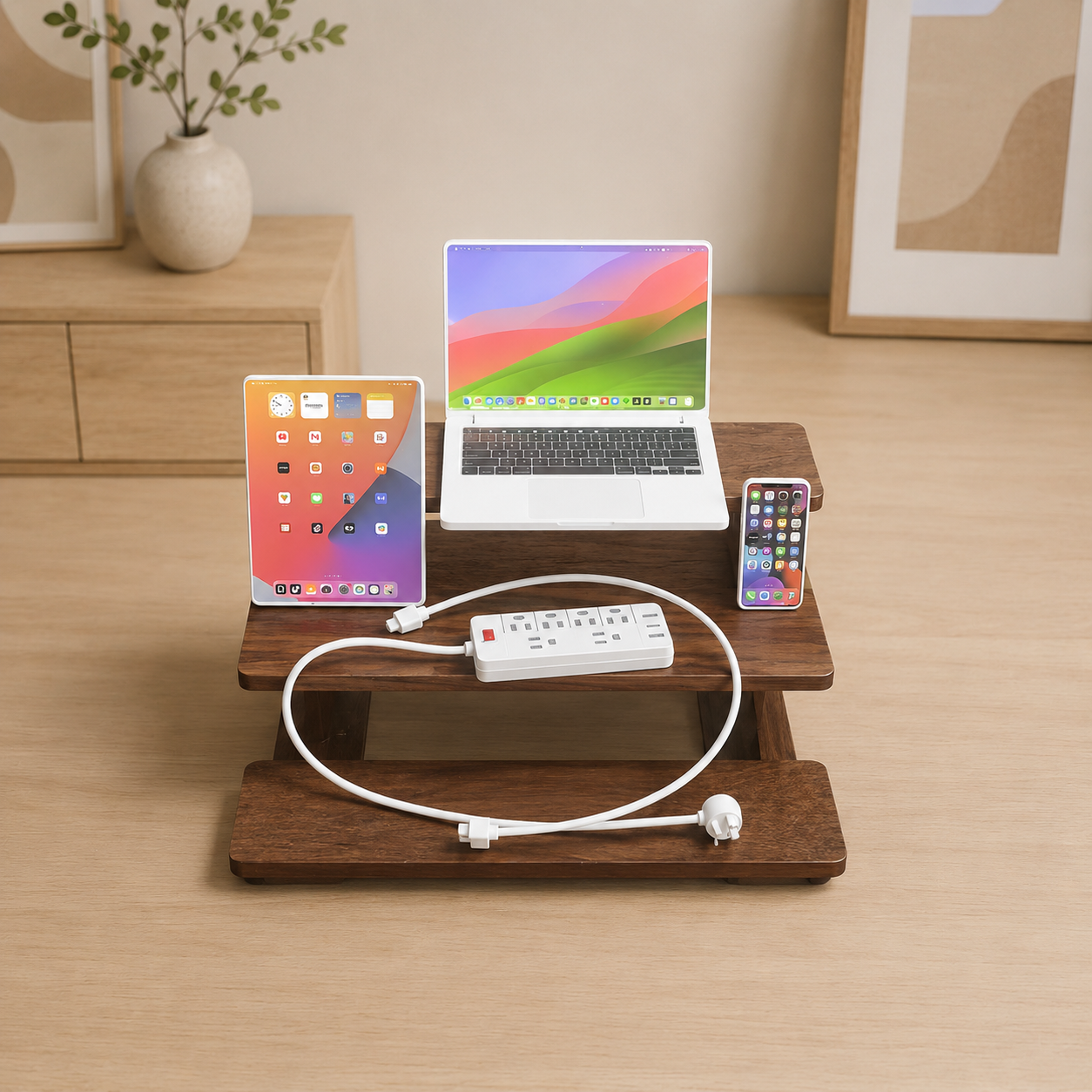 1:6 Scale Miniature Modern Tech Set - Dollhouse Laptop, Tablet, Smartphone & Power Strip - Realistic Office Accessories (White Edition)