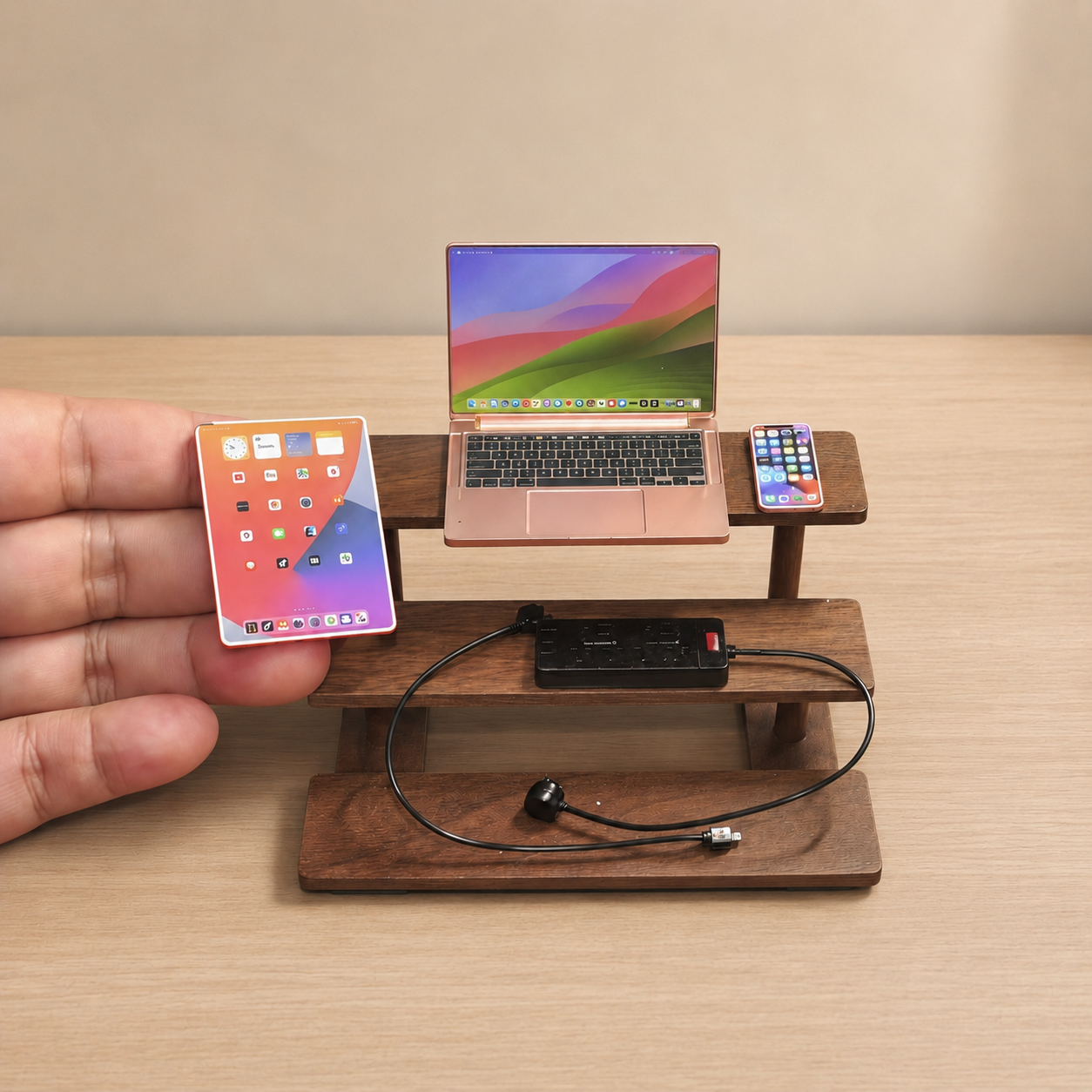 1:6 Scale Miniature Modern Tech Set - Dollhouse Laptop, Tablet, Smartphone & Power Strip - Realistic Office Accessories (RoseGolden Edition)
