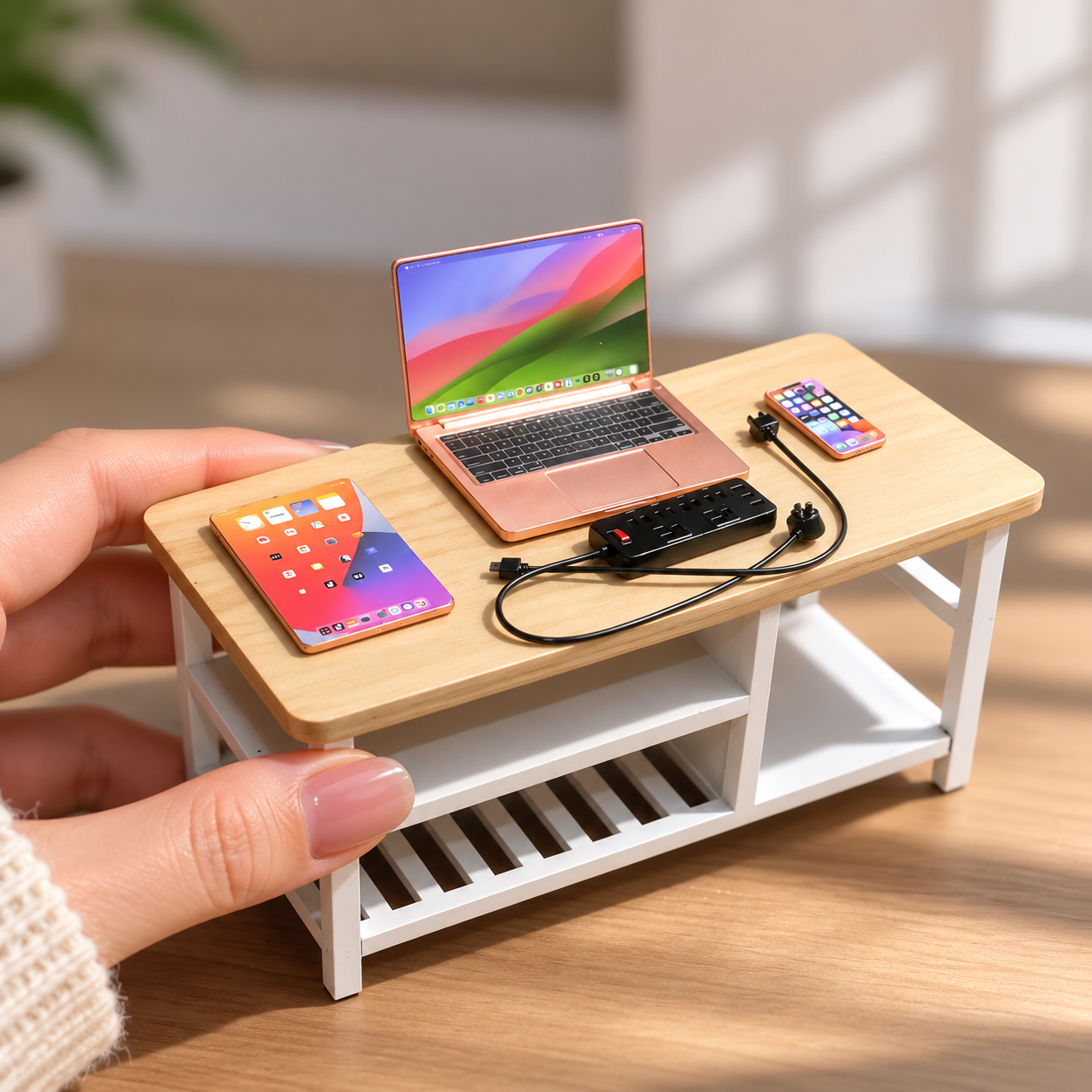 1:6 Scale Miniature Modern Tech Set - Dollhouse Laptop, Tablet, Smartphone & Power Strip - Realistic Office Accessories (RoseGolden Edition)