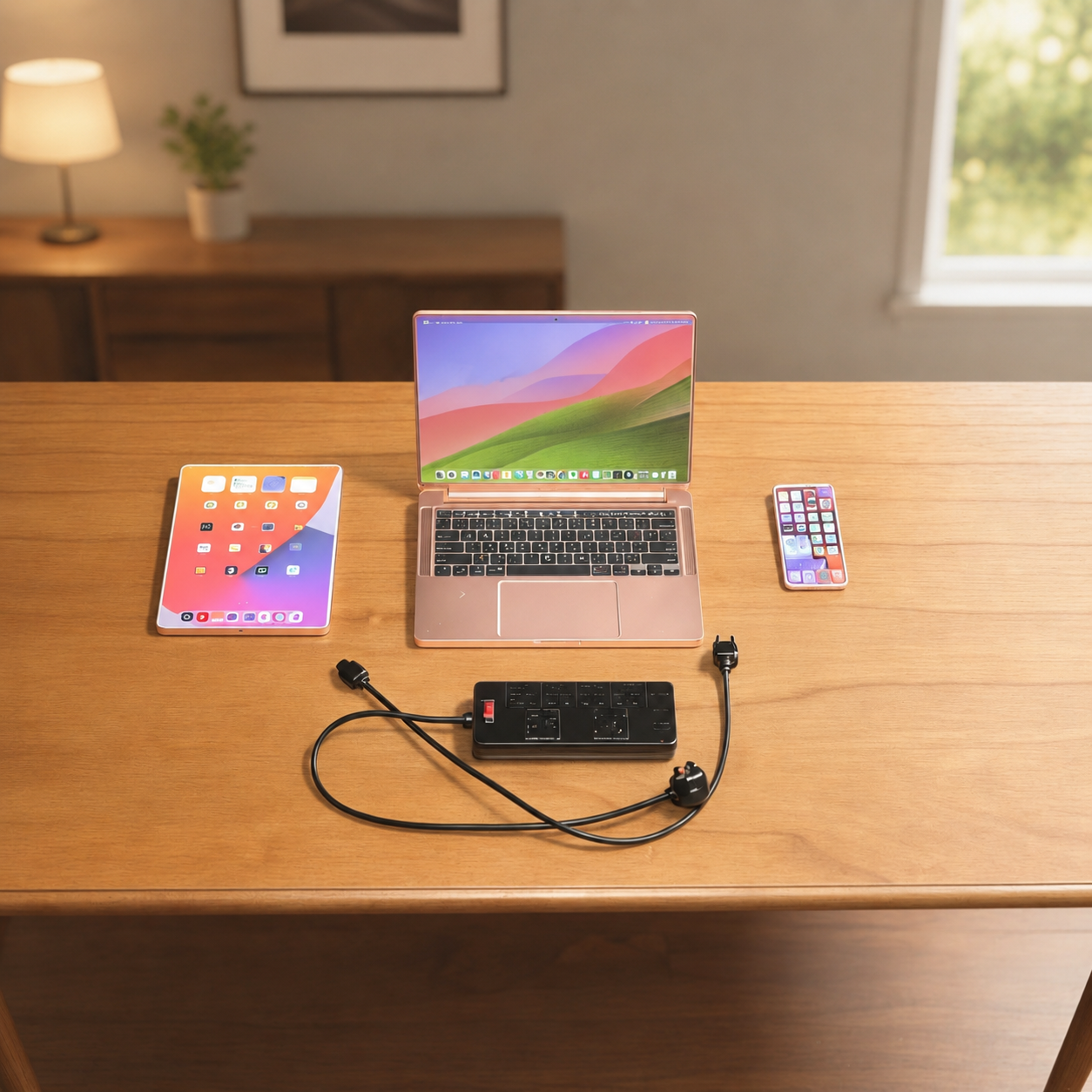 1:6 Scale Miniature Modern Tech Set - Dollhouse Laptop, Tablet, Smartphone & Power Strip - Realistic Office Accessories (RoseGolden Edition)