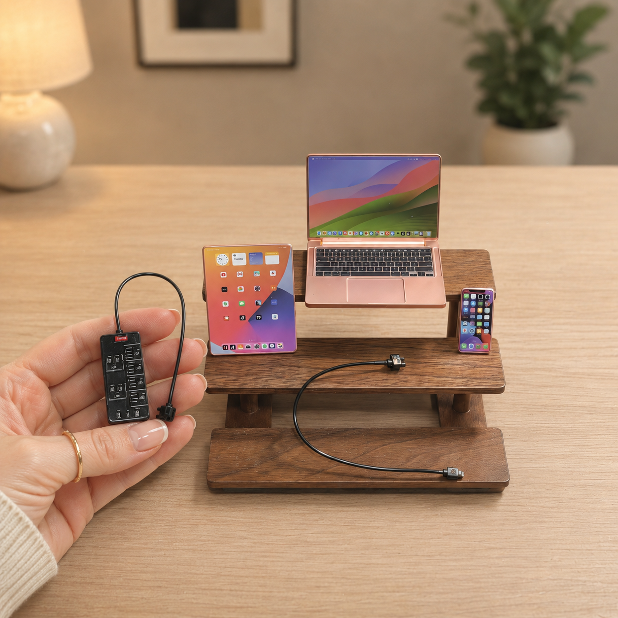 1:6 Scale Miniature Modern Tech Set - Dollhouse Laptop, Tablet, Smartphone & Power Strip - Realistic Office Accessories (RoseGolden Edition)
