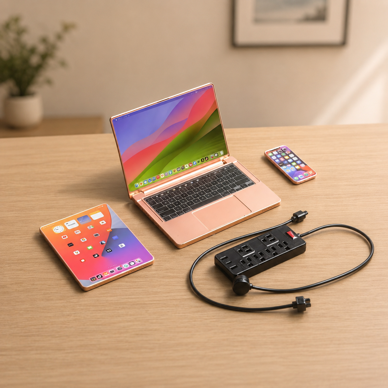 1:6 Scale Miniature Modern Tech Set - Dollhouse Laptop, Tablet, Smartphone & Power Strip - Realistic Office Accessories (RoseGolden Edition)
