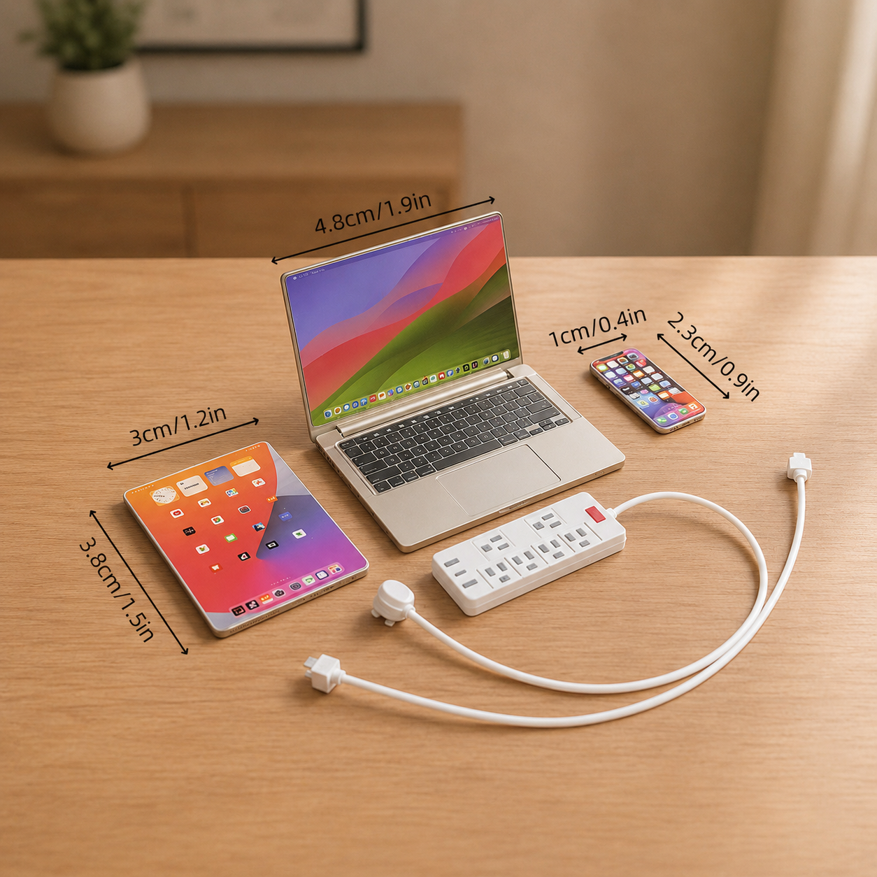 1:6 Scale Miniature Modern Tech Set - Dollhouse Laptop, Tablet, Smartphone & Power Strip - Realistic Office Accessories (Titanium  Edition)