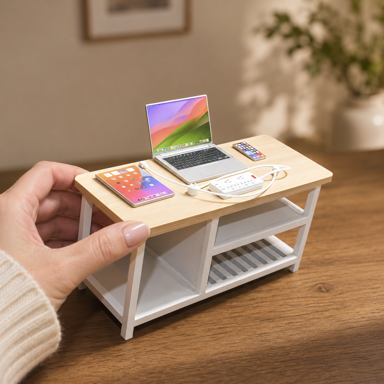 1:6 Scale Miniature Modern Tech Set - Dollhouse Laptop, Tablet, Smartphone & Power Strip - Realistic Office Accessories (Silvery Edition)