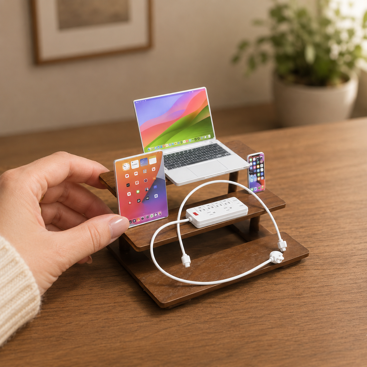 1:6 Scale Miniature Modern Tech Set - Dollhouse Laptop, Tablet, Smartphone & Power Strip - Realistic Office Accessories (Silvery Edition)