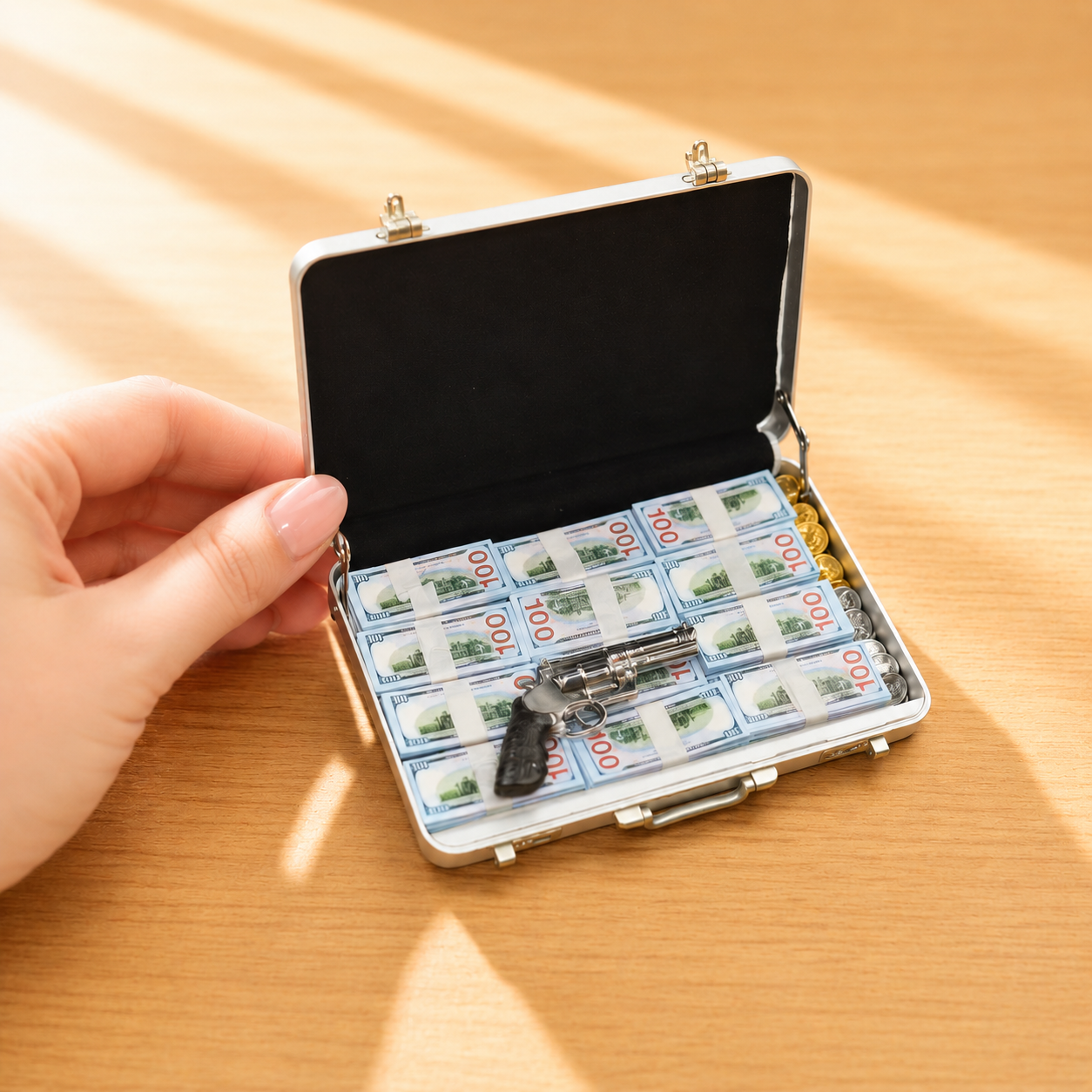 1:6 Scale Miniature Secret Agent Briefcase Set – Silver Tactical Suitcase with Revolver, Cash & Coins