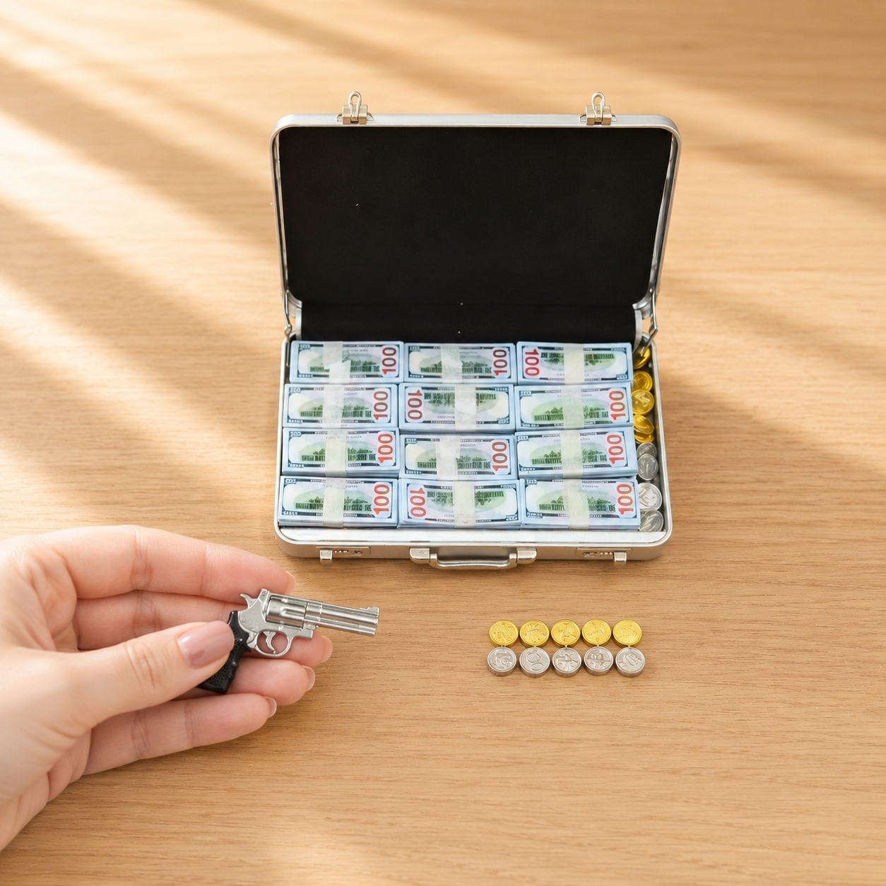 1:6 Scale Miniature Secret Agent Briefcase Set – Silver Tactical Suitcase with Revolver, Cash & Coins