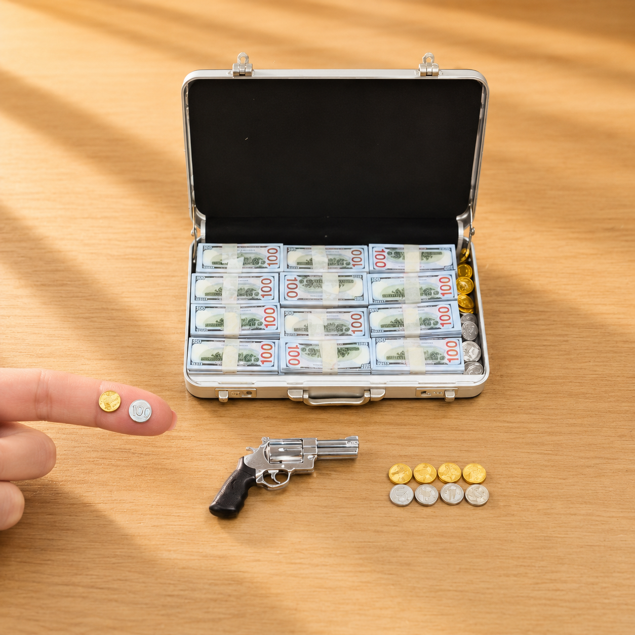 1:6 Scale Miniature Secret Agent Briefcase Set – Silver Tactical Suitcase with Revolver, Cash & Coins