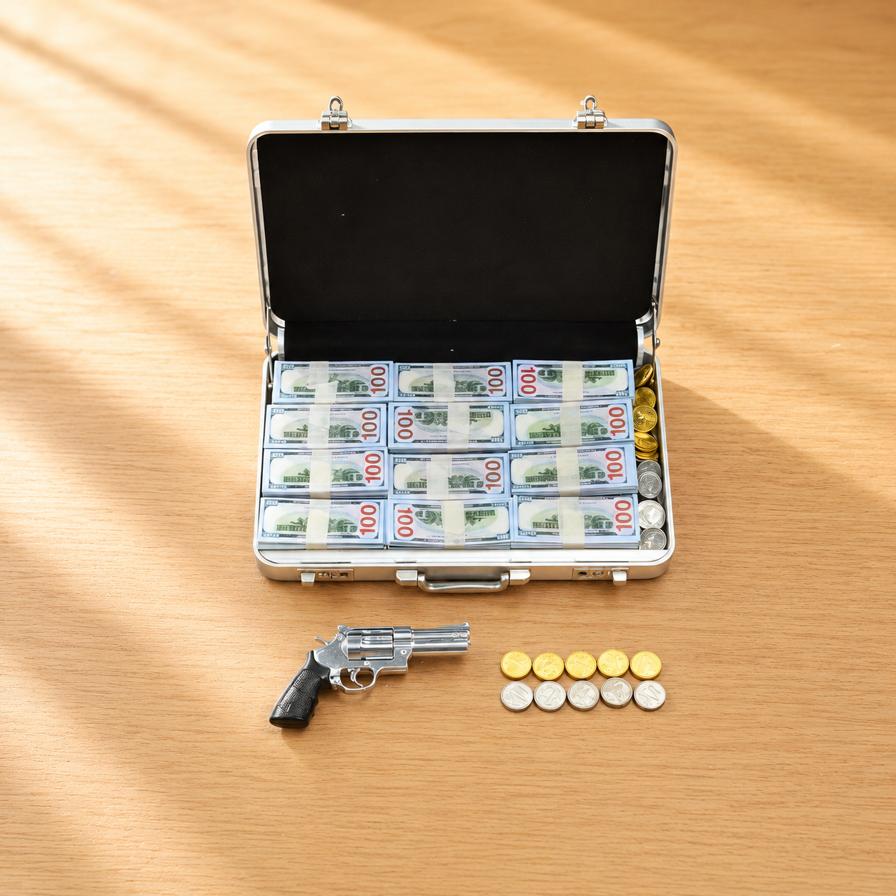 1:6 Scale Miniature Secret Agent Briefcase Set – Silver Tactical Suitcase with Revolver, Cash & Coins