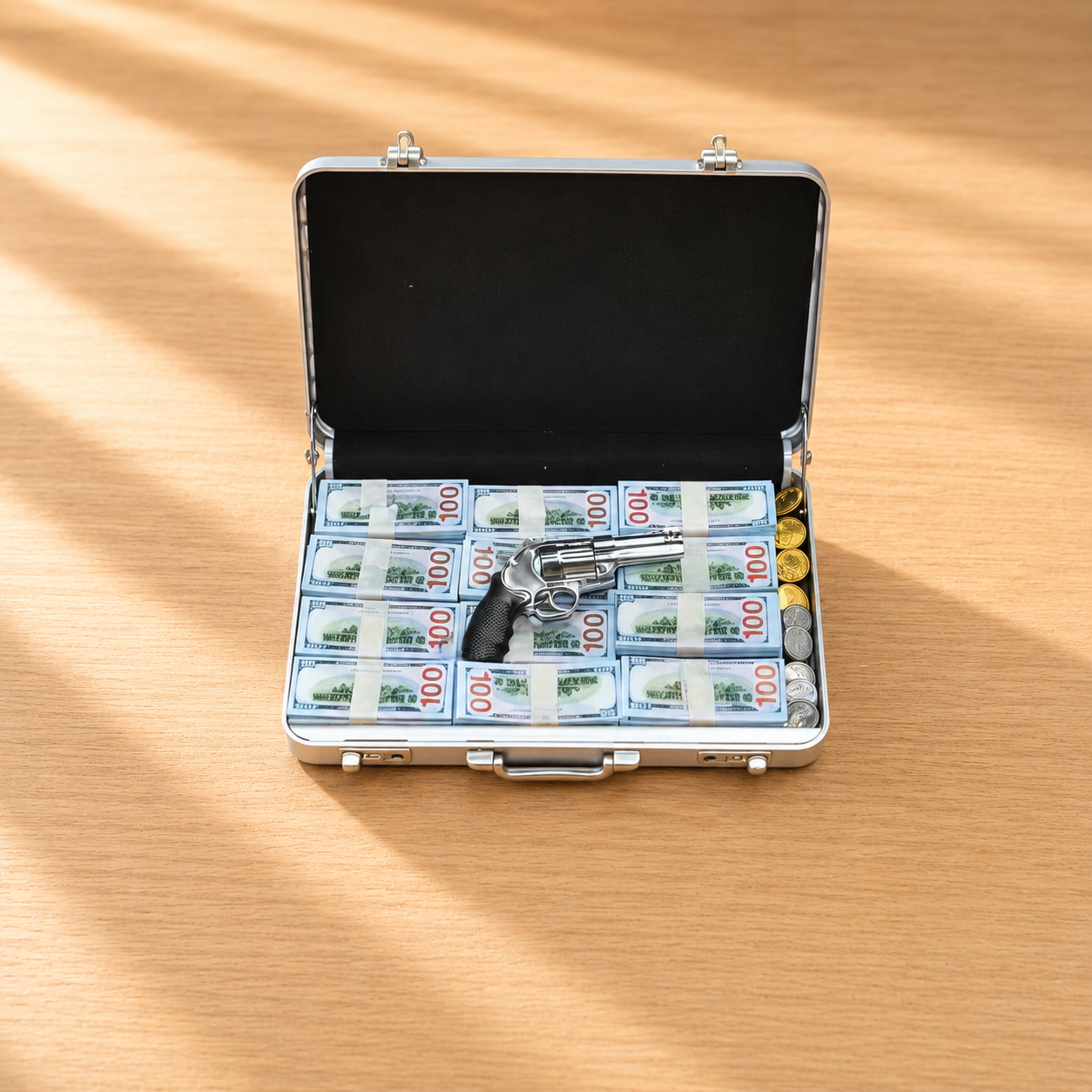 1:6 Scale Miniature Secret Agent Briefcase Set – Silver Tactical Suitcase with Revolver, Cash & Coins