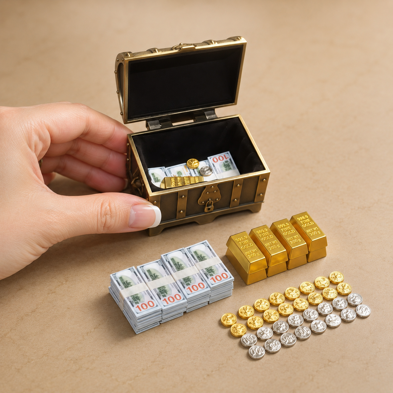 1:6 Scale Antique Bronze Treasure Chest Set - Vintage Miniature Loot with Gold & Cash