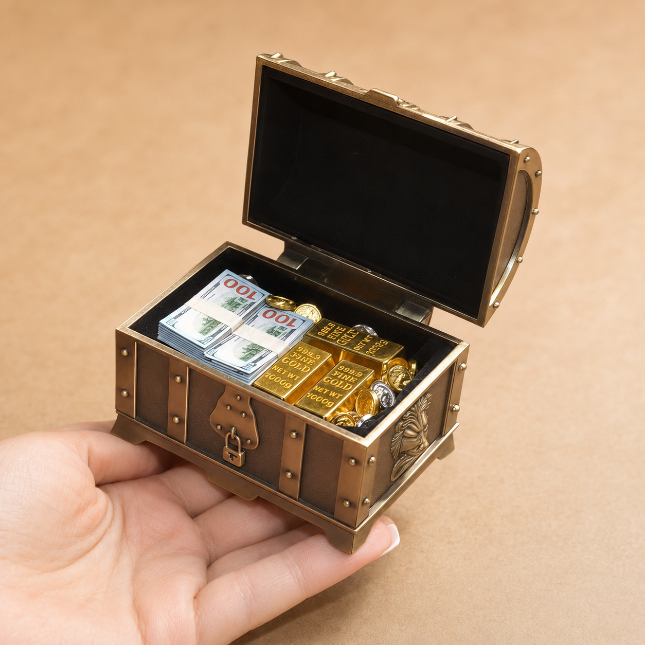 1:6 Scale Antique Bronze Treasure Chest Set - Vintage Miniature Loot with Gold & Cash