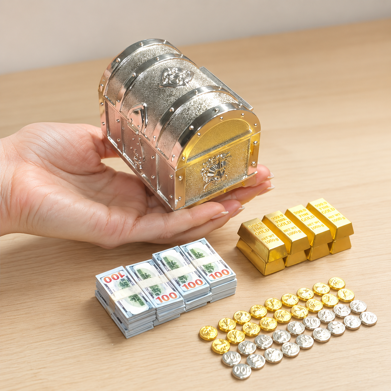 1:6 Scale Miniature Silver Treasure Chest Elite Set - Includes Bullion, Coins & Cash