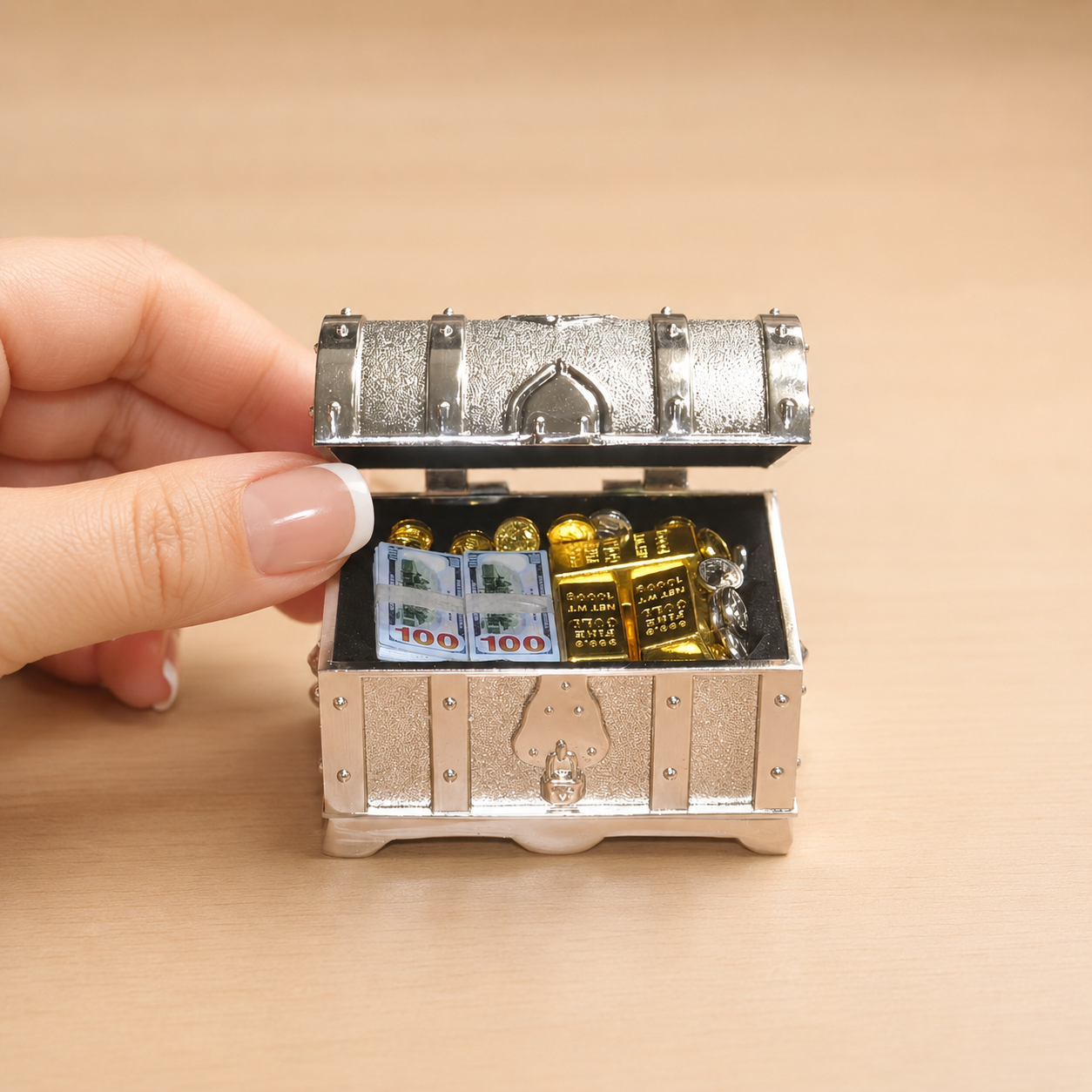 1:6 Scale Miniature Silver Treasure Chest Elite Set - Includes Bullion, Coins & Cash