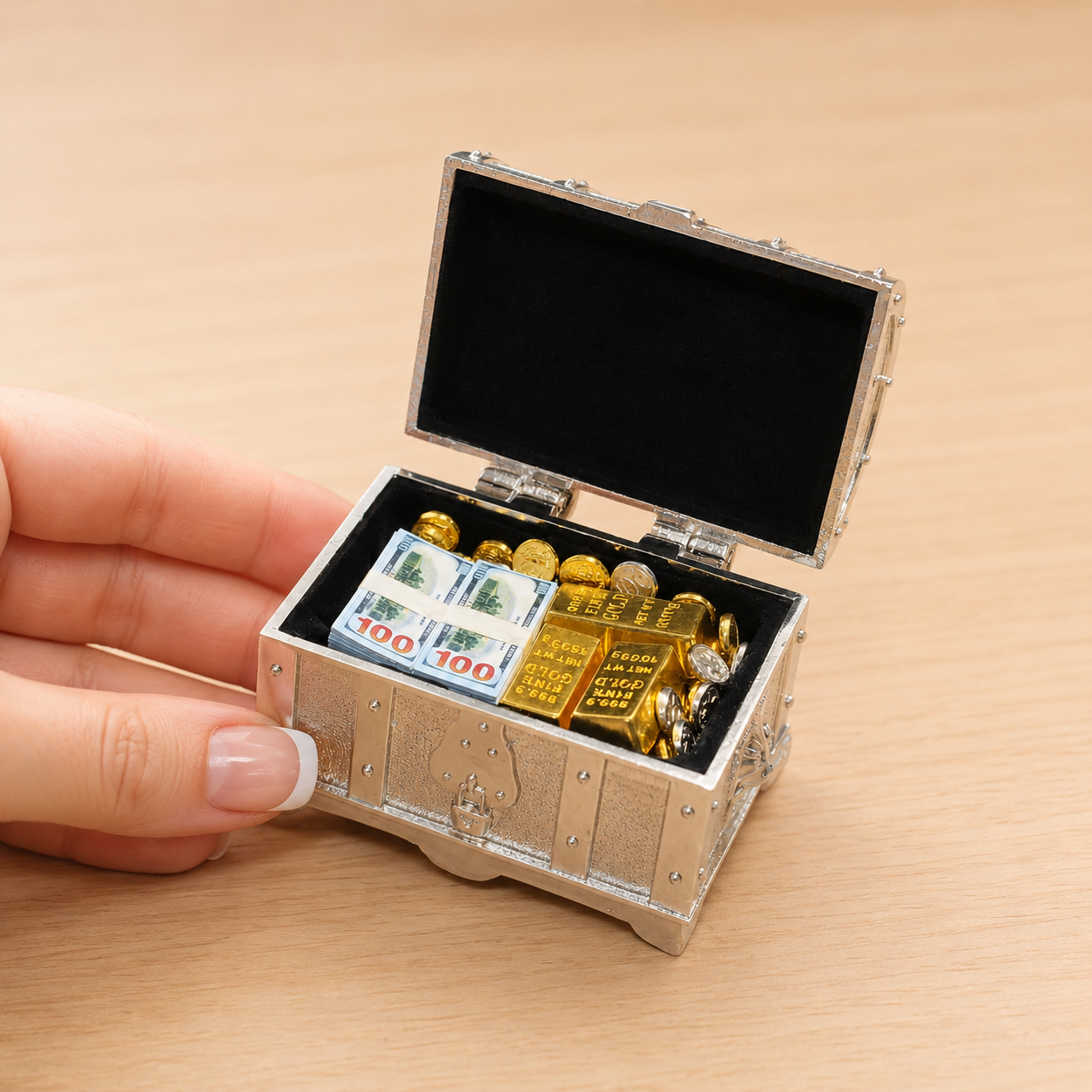 1:6 Scale Miniature Silver Treasure Chest Elite Set - Includes Bullion, Coins & Cash