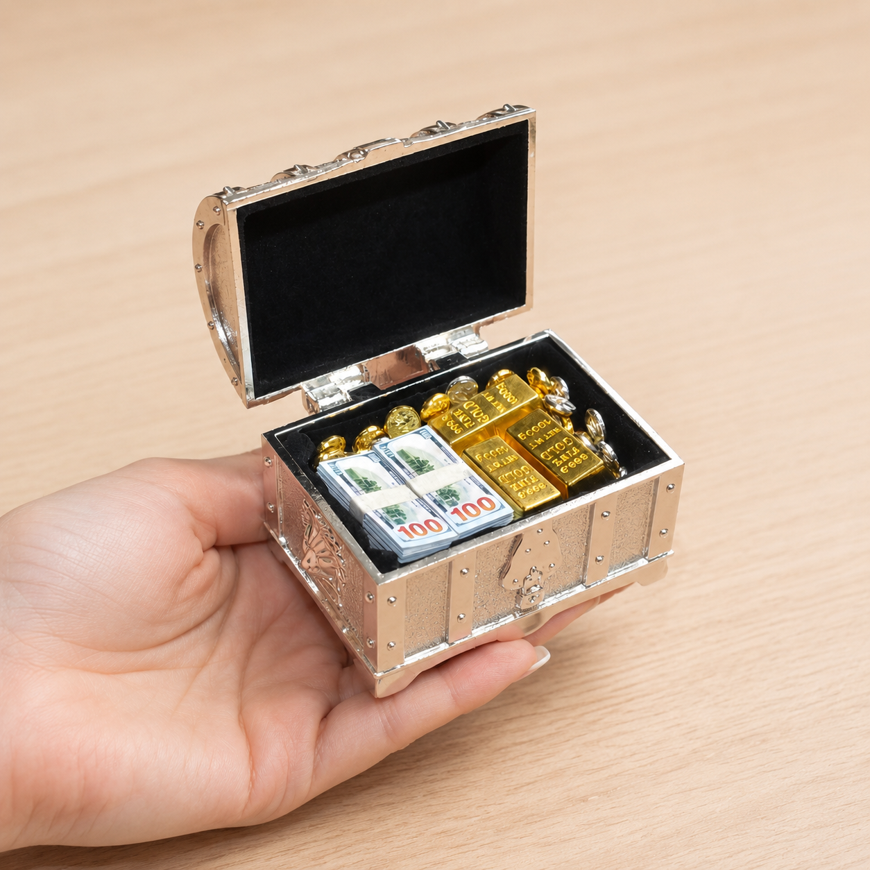 1:6 Scale Miniature Silver Treasure Chest Elite Set - Includes Bullion, Coins & Cash