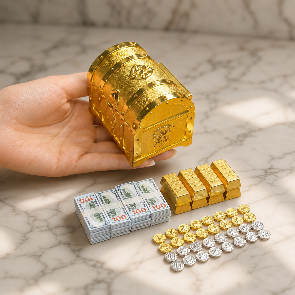1:6 Scale Miniature Golden Treasure Chest Set - Includes Gold Bars, Coins & $100 Bills