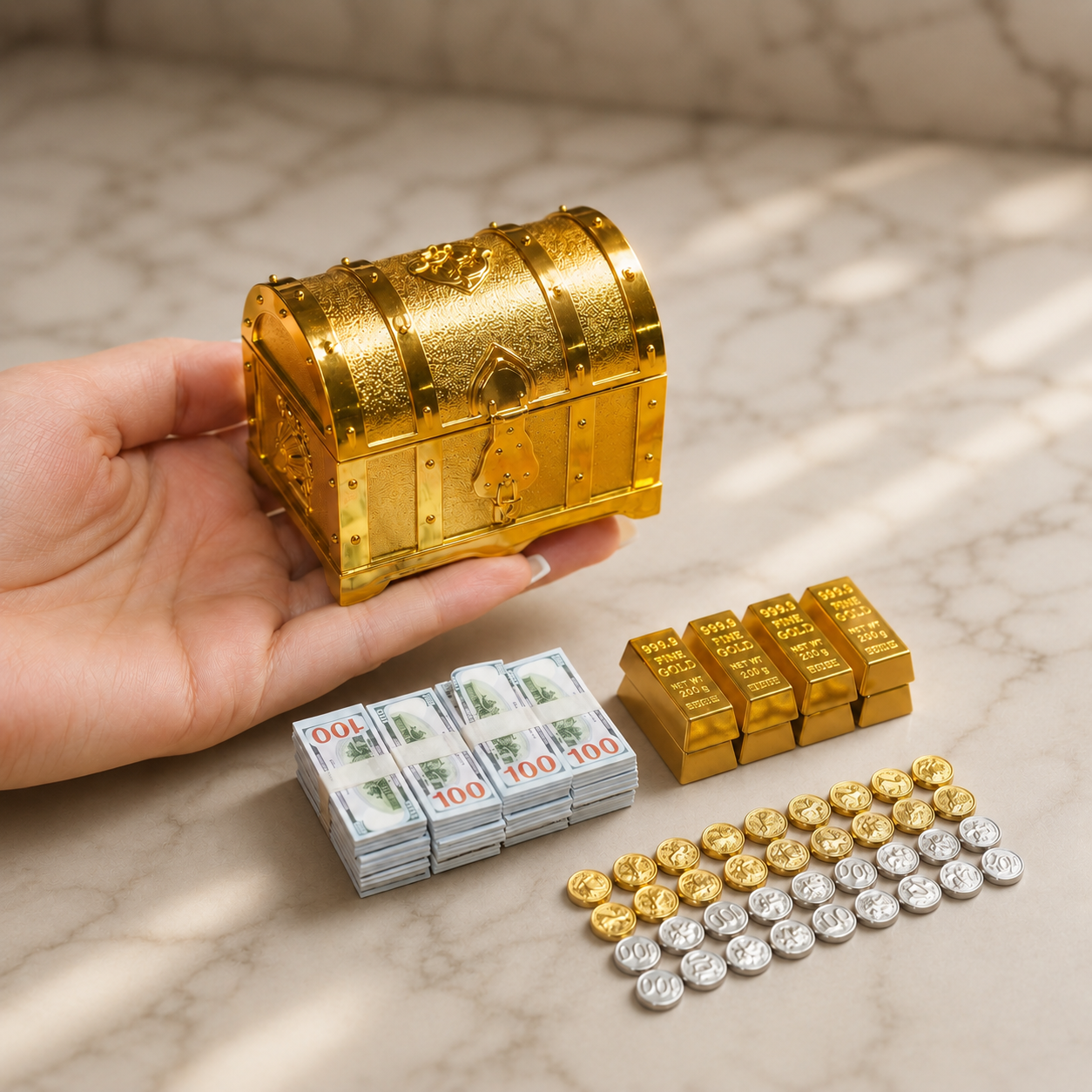 1:6 Scale Miniature Golden Treasure Chest Set - Includes Gold Bars, Coins & $100 Bills