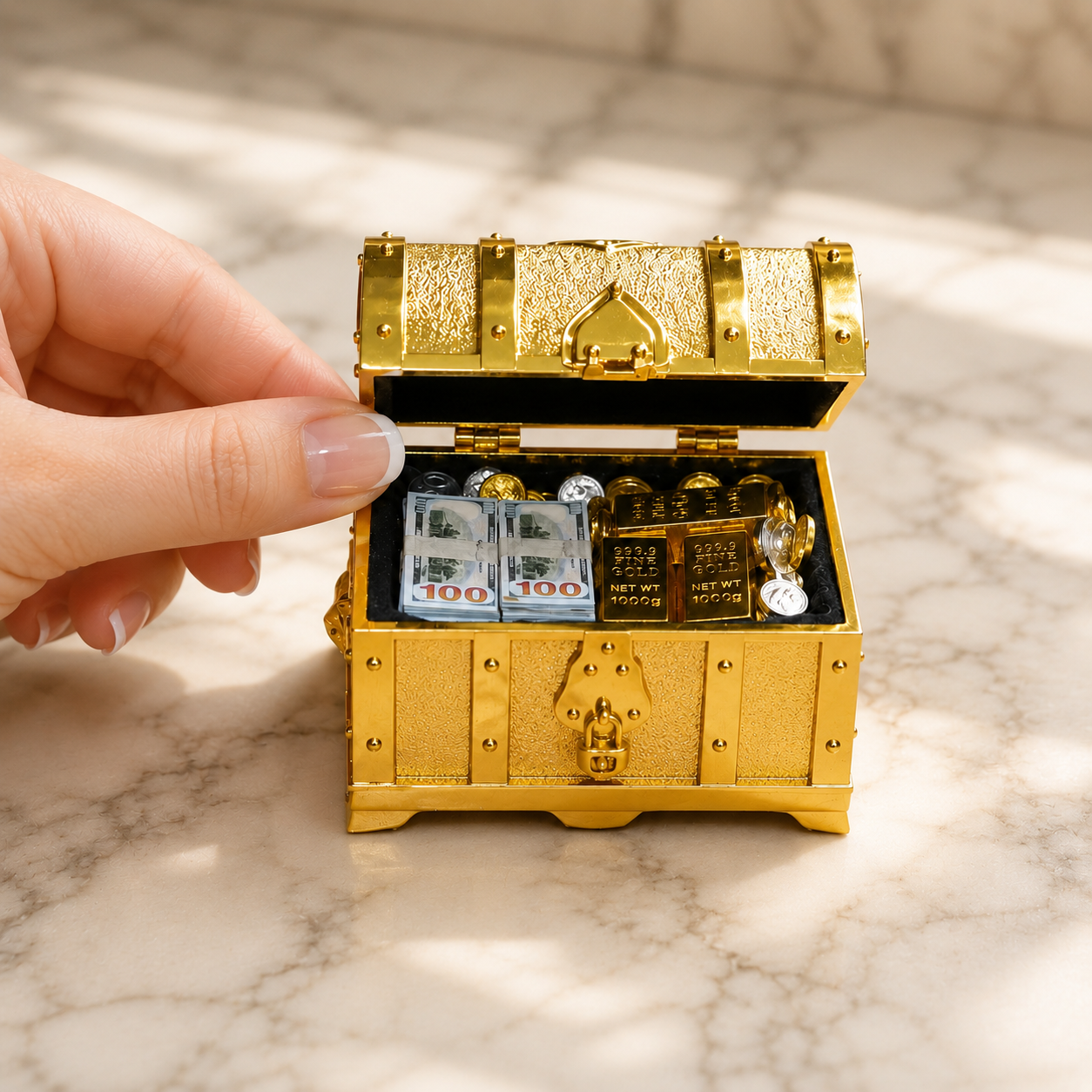 1:6 Scale Miniature Golden Treasure Chest Set - Includes Gold Bars, Coins & $100 Bills