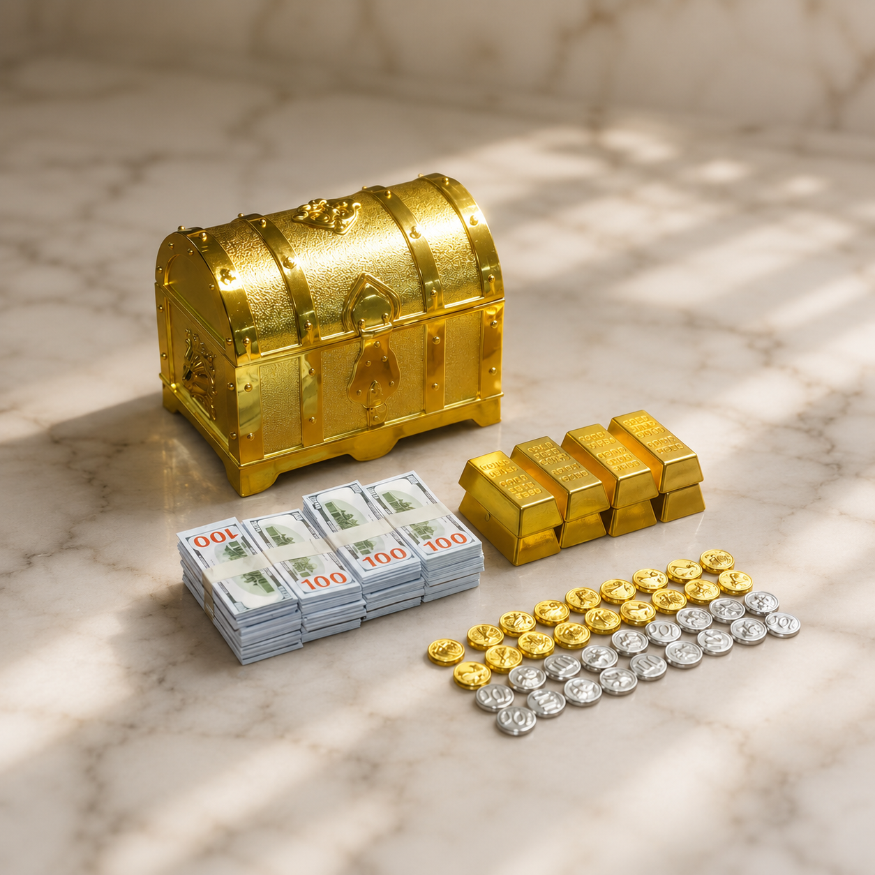 1:6 Scale Miniature Golden Treasure Chest Set - Includes Gold Bars, Coins & $100 Bills