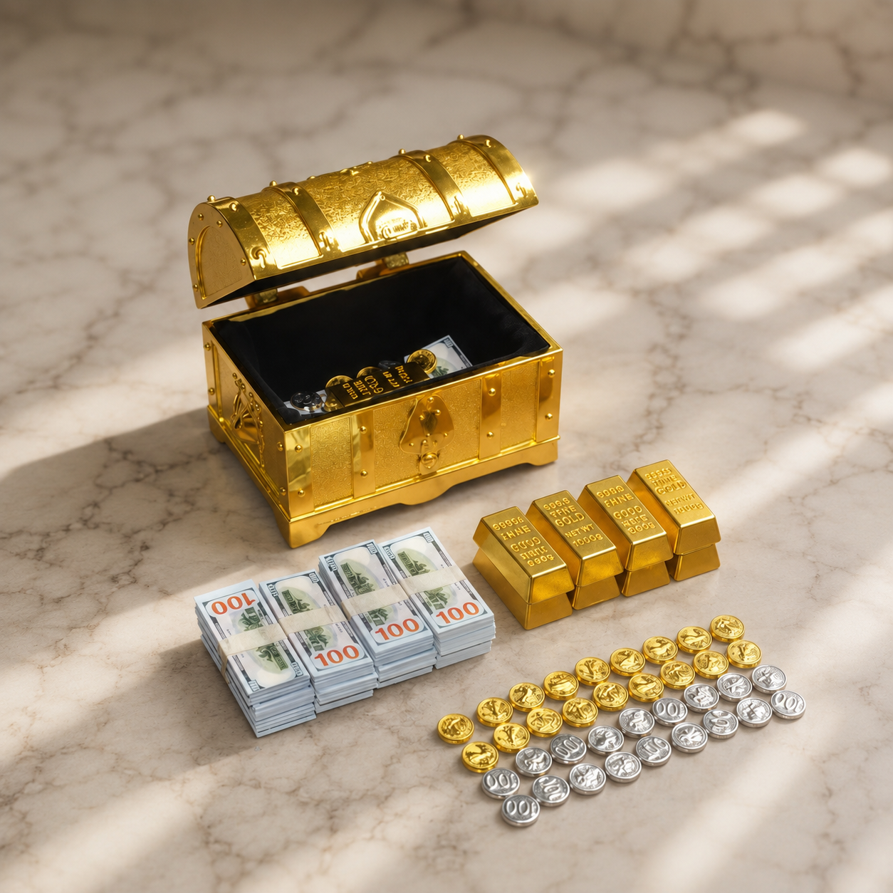 1:6 Scale Miniature Golden Treasure Chest Set - Includes Gold Bars, Coins & $100 Bills