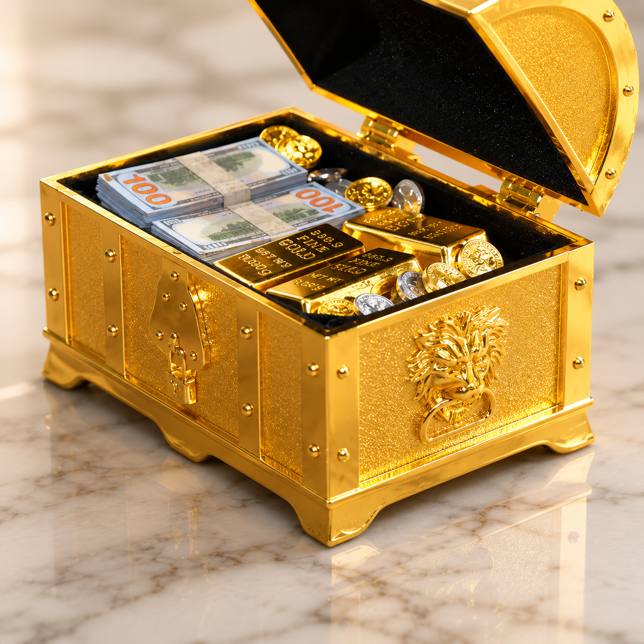 1:6 Scale Miniature Golden Treasure Chest Set - Includes Gold Bars, Coins & $100 Bills