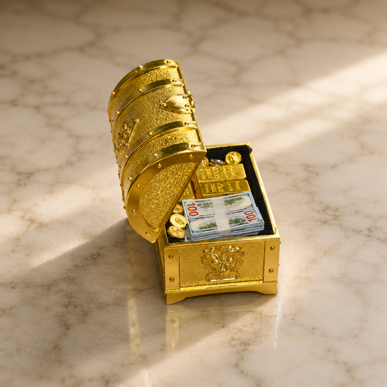 1:6 Scale Miniature Golden Treasure Chest Set - Includes Gold Bars, Coins & $100 Bills