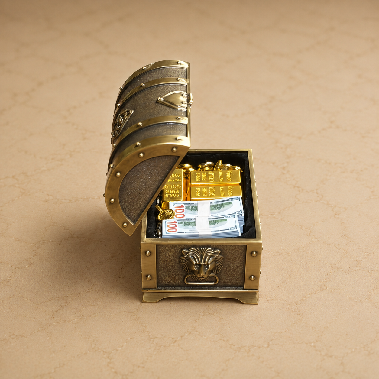 1:6 Scale Antique Bronze Treasure Chest Set - Vintage Miniature Loot with Gold & Cash