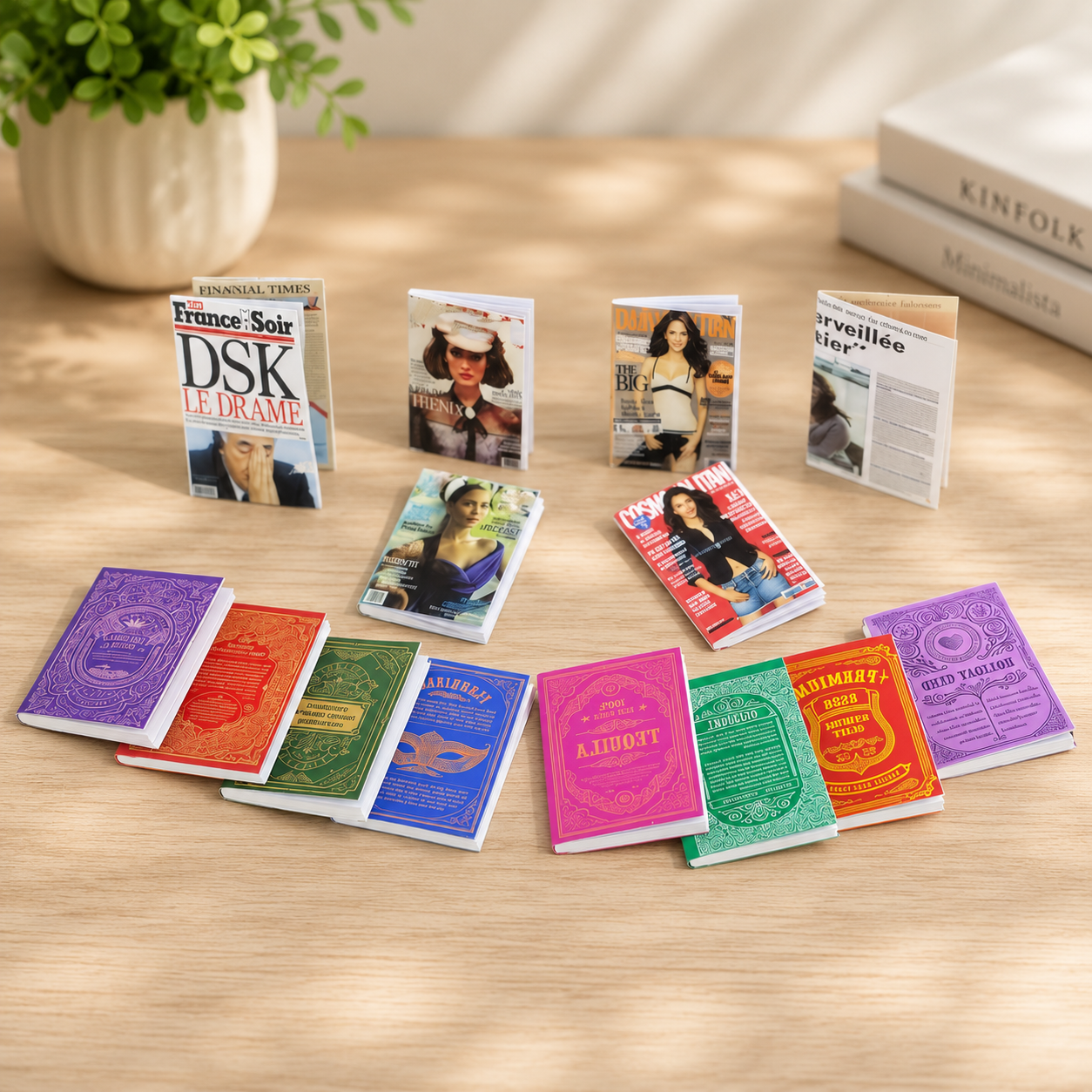 14Pcs 1:6 Scale Miniature Magazines & Newspapers Set — Handmade Dollhouse Fashion Magazines, Tiny Realistic Mini Books for OB11, Blythe & Diorama Decor