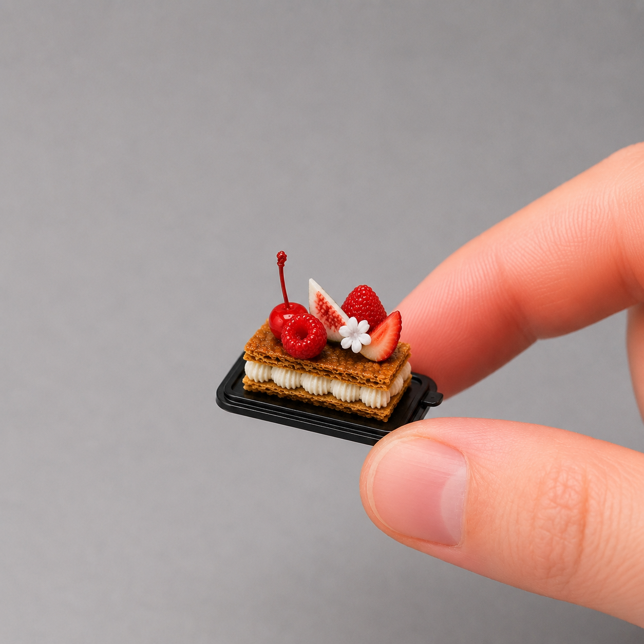 1:6 Scale Miniature Mille-Feuille Set – Dollhouse French Pastry Tray with Blueberry, Tropical Fruit & Strawberry Designs, Handmade Polymer Clay Bakery Food