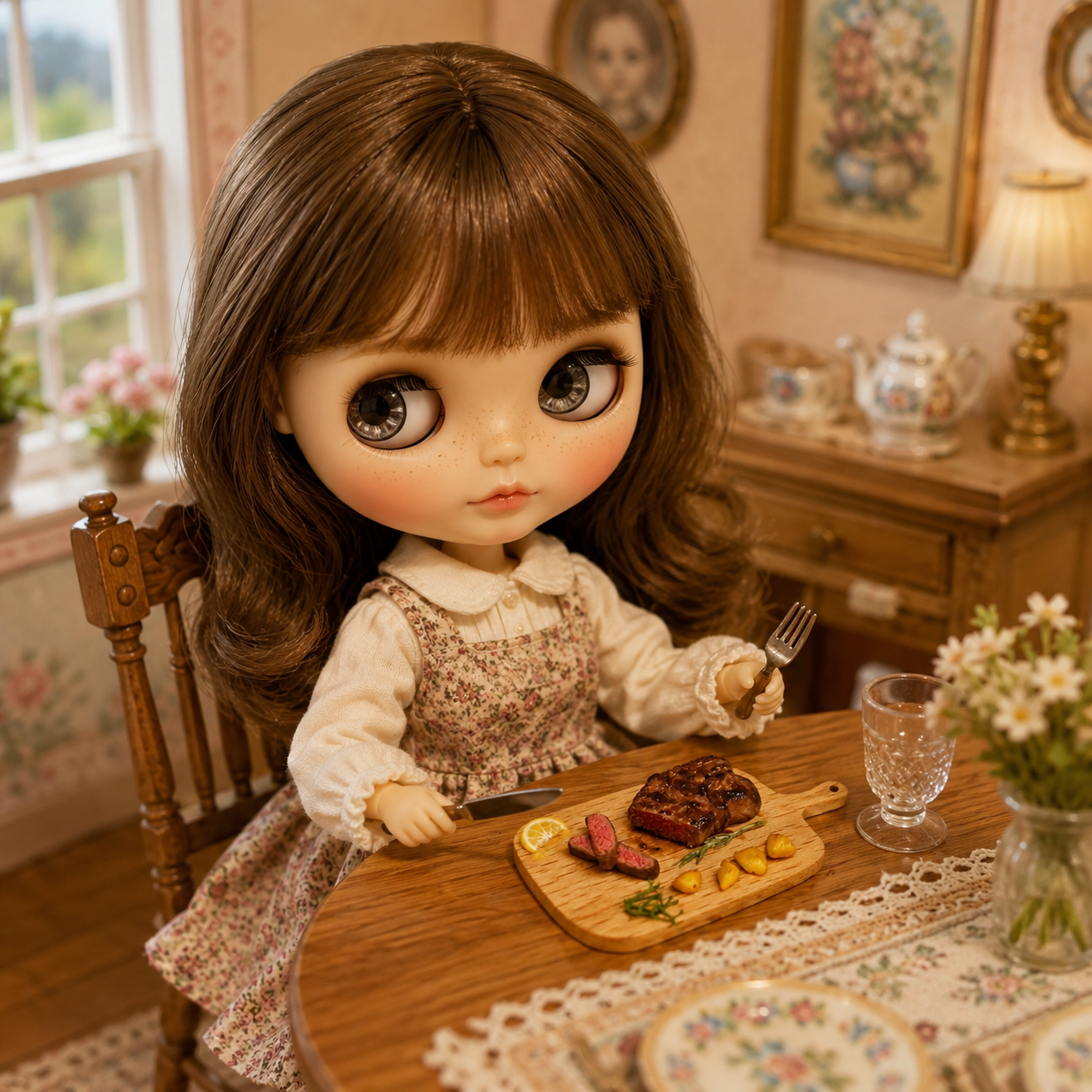 Miniature Steak Board – Hand-Sculpted 1:6 Scale Dollhouse Grilled Beef Steak Sliced Medium-Rare on a Wooden Paddle with Roasted Potatoes, Asparagus & Lemon, Realistic Plated Meat Dish for Blythe & Barbie Dioramas, Polymer Clay Food