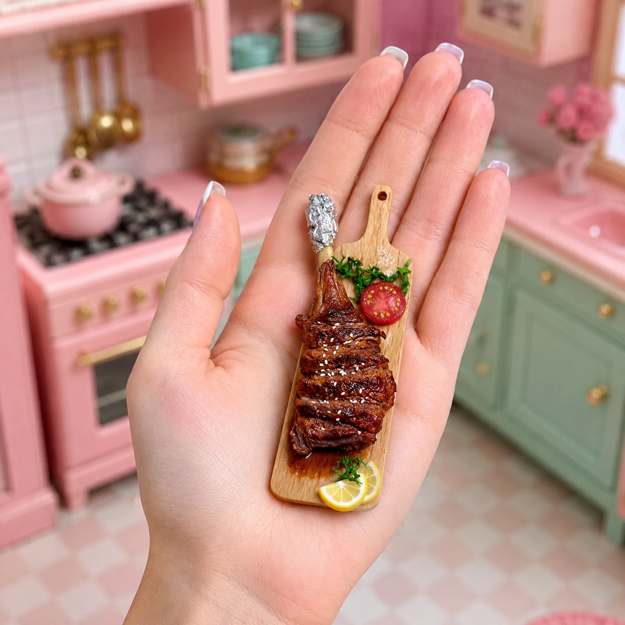 Miniature Grilled Lamb Leg Platter – Hand-Sculpted 1:6 Scale Dollhouse Roast Lamb on a Wooden Board with Foil-Wrapped Bone, Cherry Tomato & Lemon, Realistic Plated Meat Dish for Blythe & Barbie Dioramas, Resin & Polymer Clay Food