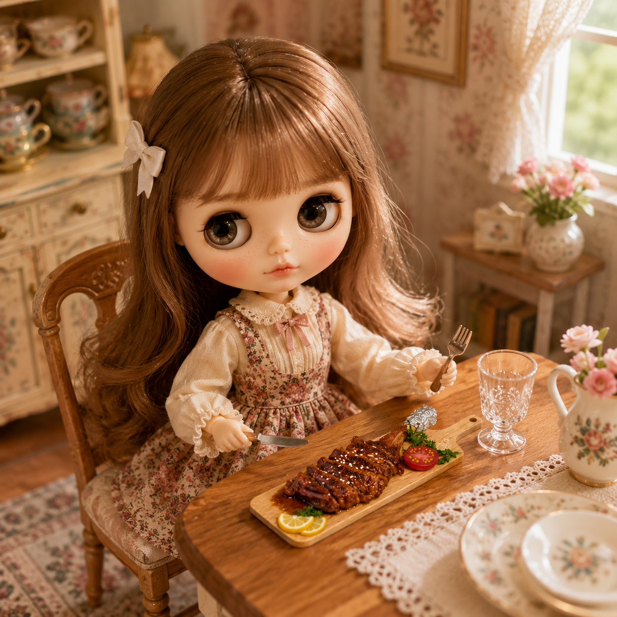 Miniature Grilled Lamb Leg Platter – Hand-Sculpted 1:6 Scale Dollhouse Roast Lamb on a Wooden Board with Foil-Wrapped Bone, Cherry Tomato & Lemon, Realistic Plated Meat Dish for Blythe & Barbie Dioramas, Resin & Polymer Clay Food