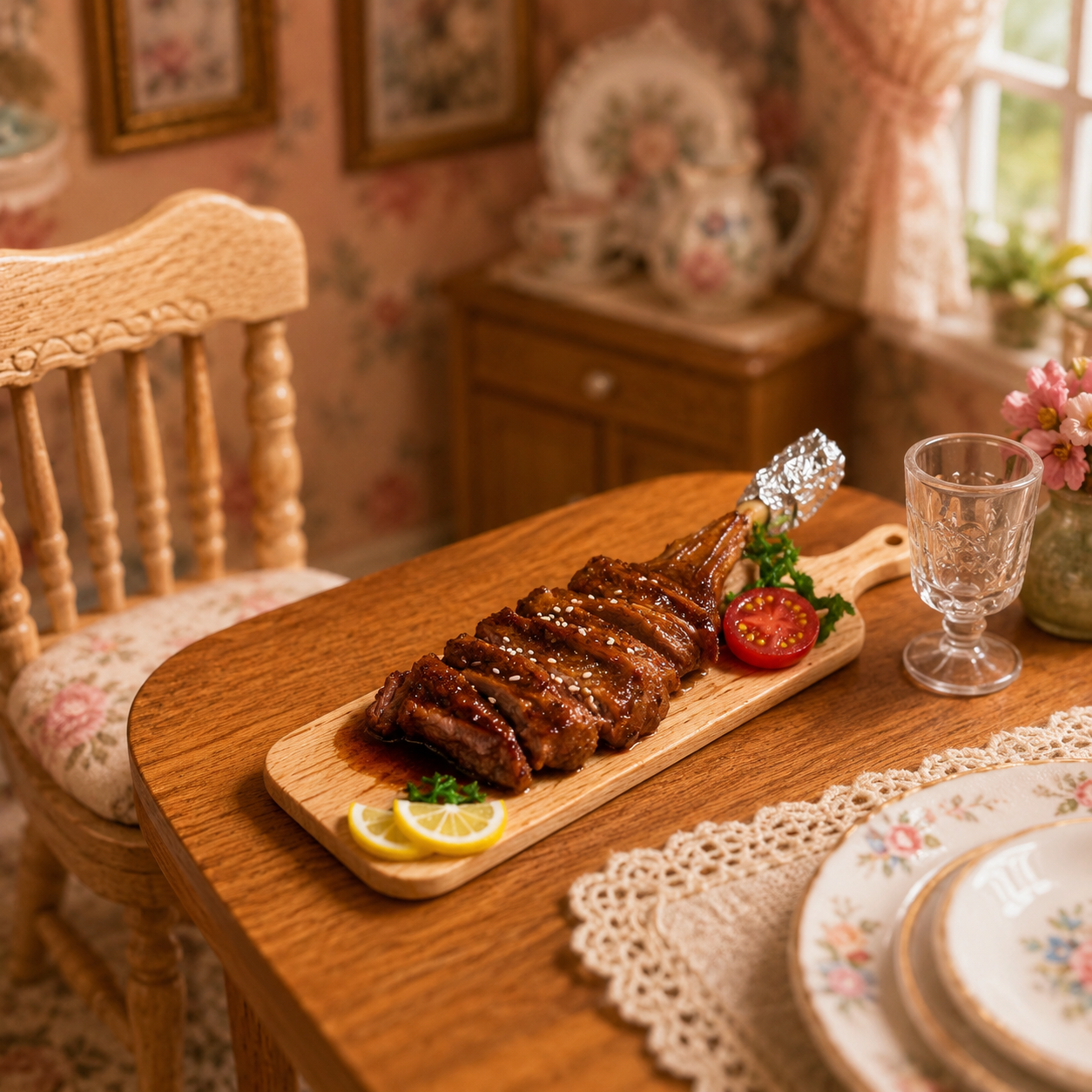 Miniature Grilled Lamb Leg Platter – Hand-Sculpted 1:6 Scale Dollhouse Roast Lamb on a Wooden Board with Foil-Wrapped Bone, Cherry Tomato & Lemon, Realistic Plated Meat Dish for Blythe & Barbie Dioramas, Resin & Polymer Clay Food