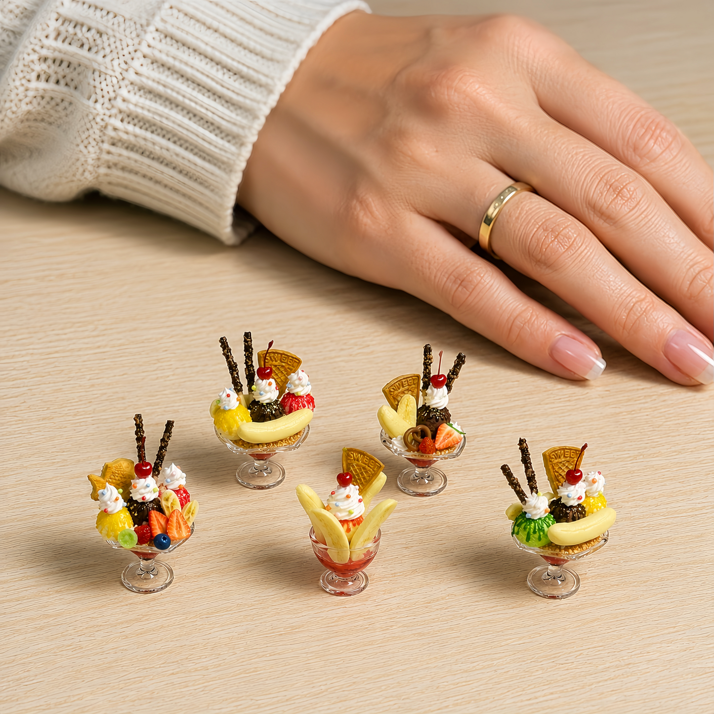 1:6 Scale Miniature Banana Split Sundae Cup Collection – 5 Styles Dollhouse Ice Cream Parfait with Taiyaki, Pretzel & Matcha, Handmade Polymer Clay Japanese Café Food for Blythe BJD Diorama