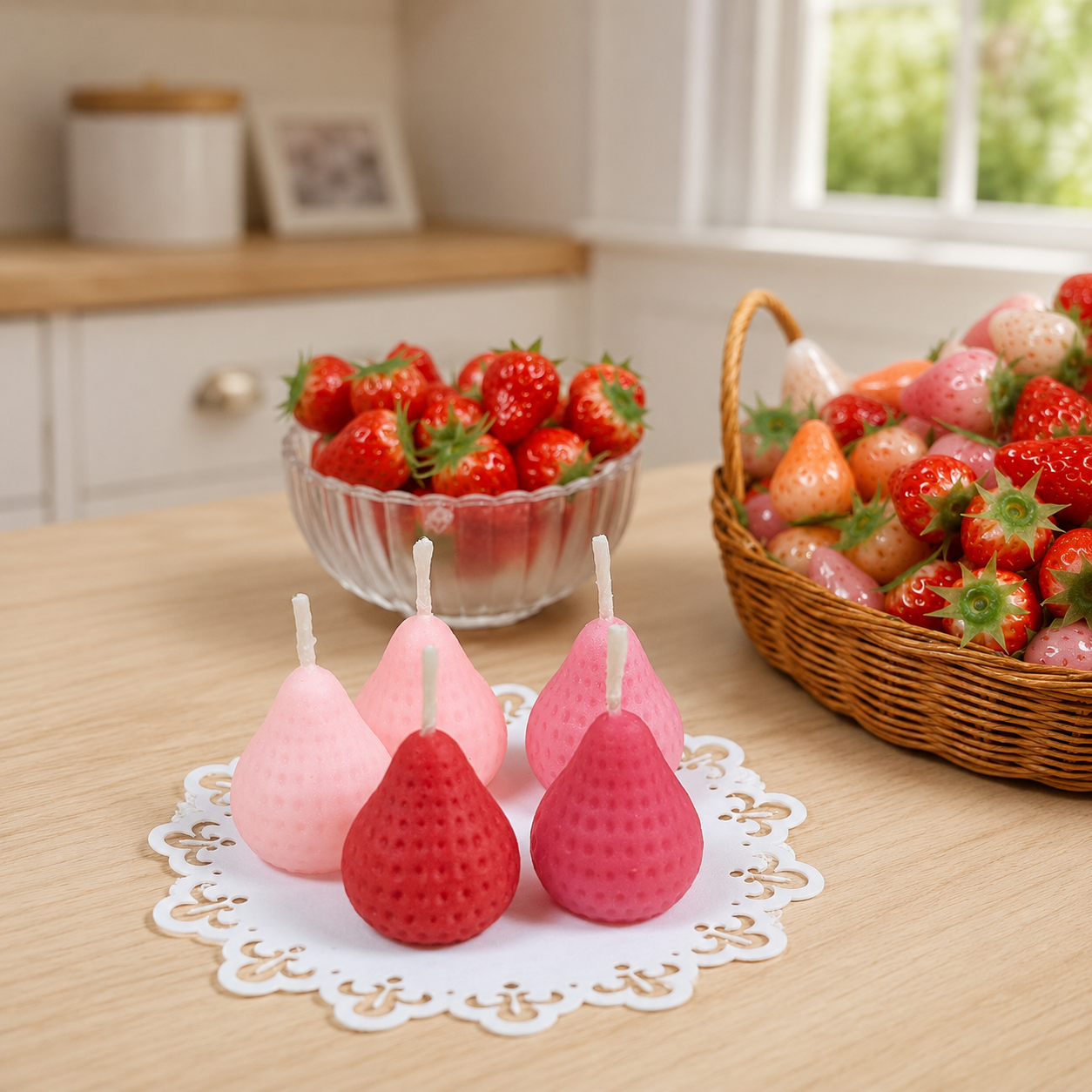 FDMINI Mini Strawberry Scented Candles – Set of 5 Handmade Miniature Dollhouse Candles for 1/6 1/8 1/12 Scale BJD & Blythe Doll Scenes