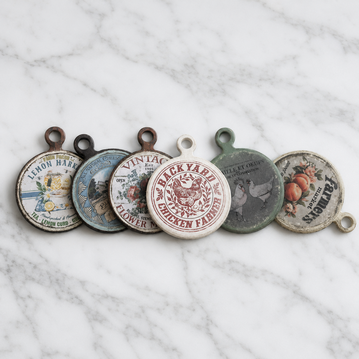 FDMINI Mini Vintage Round Cutting Boards – 6 Farmhouse Designs Miniature Kitchen Signs for 1:6 Scale Dollhouse, BJD & Blythe Scenes