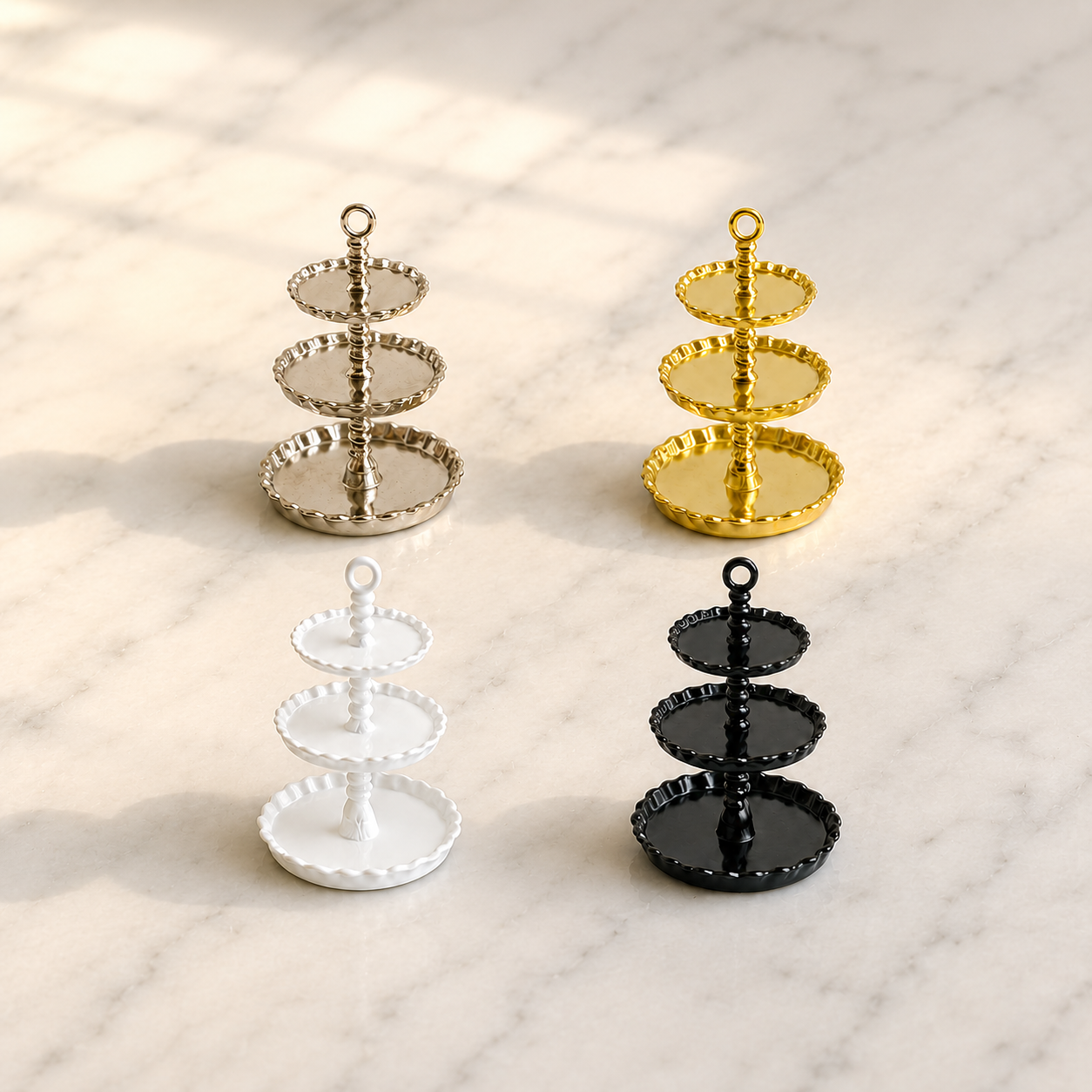 FDMINI Mini 3-Tier Cake Stand – 4 Colors Miniature Dessert Tower & Afternoon-Tea Stand for 1:12 Dollhouse & Diorama Scenes