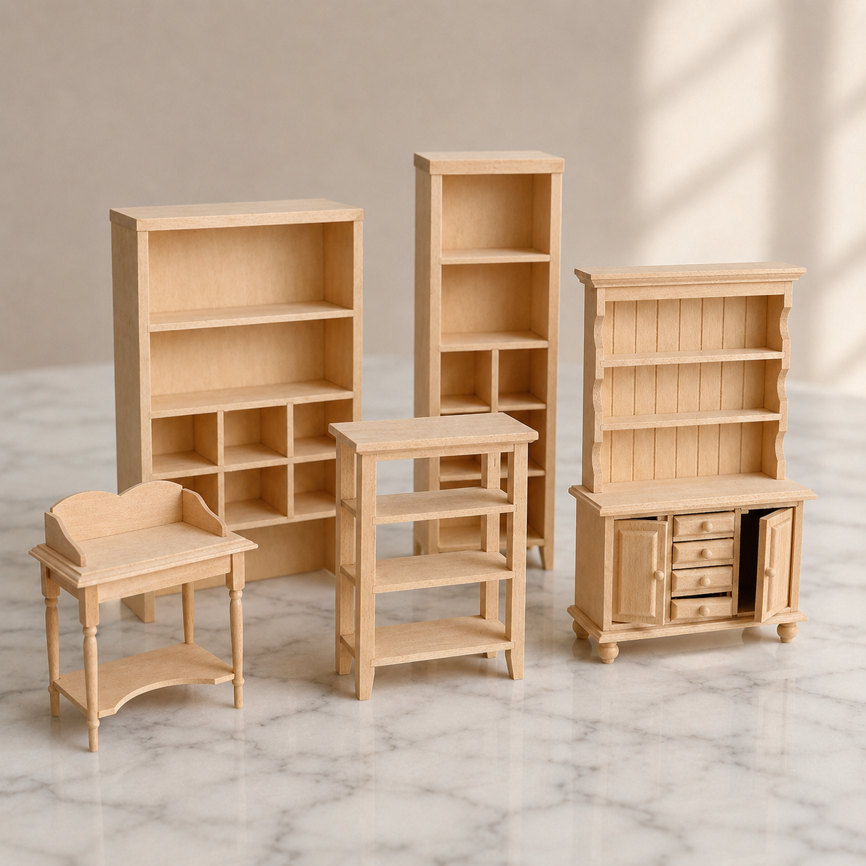 FDMINI Mini DIY Unfinished Wood Furniture – Paintable Miniature Bookshelf, Side Table & Hutch for 1:12 Scale Dollhouse, OB11 & BJD (5 Styles)