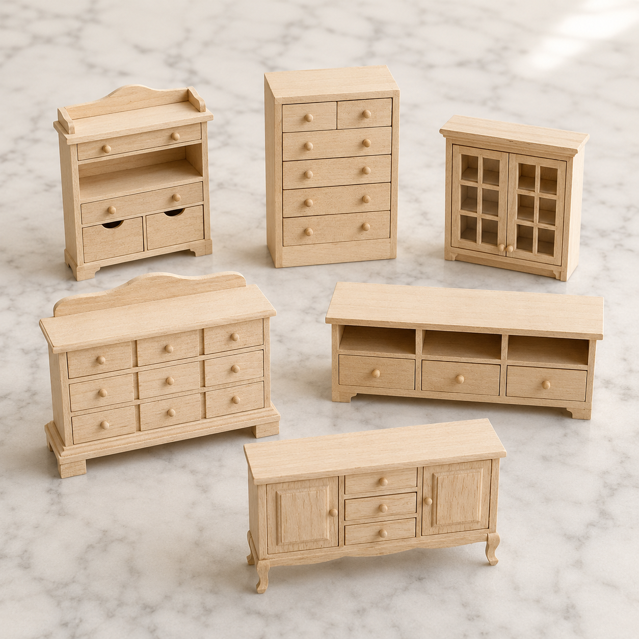 FDMINI Mini DIY Unfinished Wood Furniture – Paintable Miniature Dresser, Cabinet & Sideboard for 1:12 Scale Dollhouse, OB11 & BJD (6 Styles)