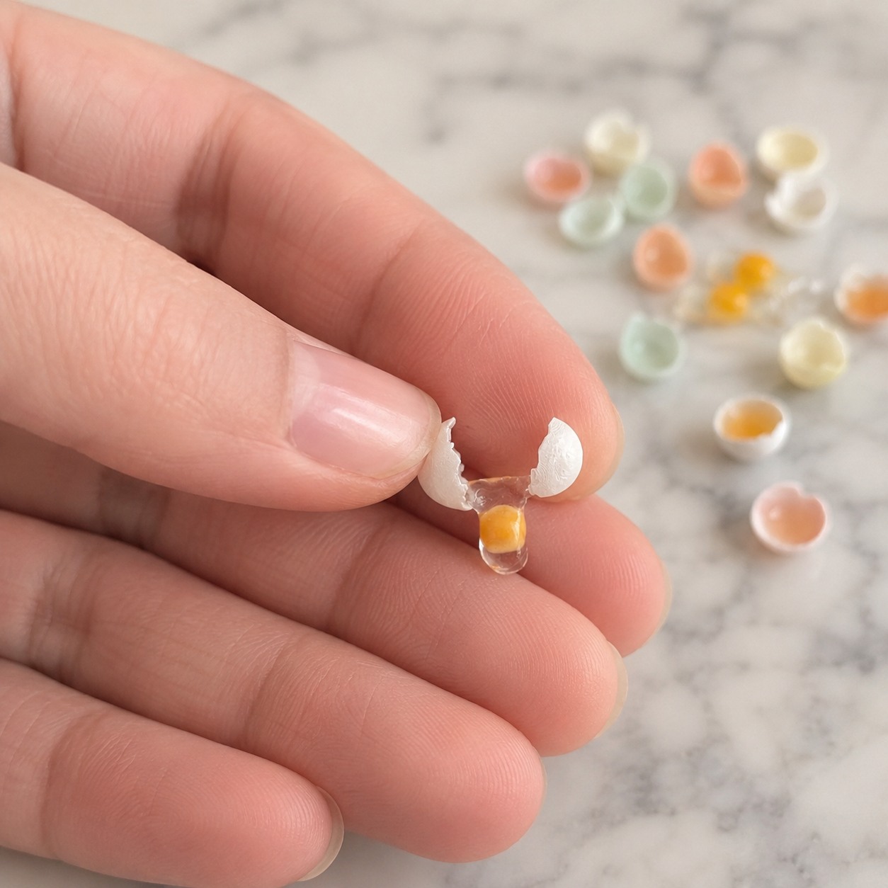 FDMINI Mini Cracked Eggs – 4 Shell Colors Realistic Miniature Broken Egg Food Props for 1:6 Scale Dollhouse Kitchen, BJD & Blythe Scenes