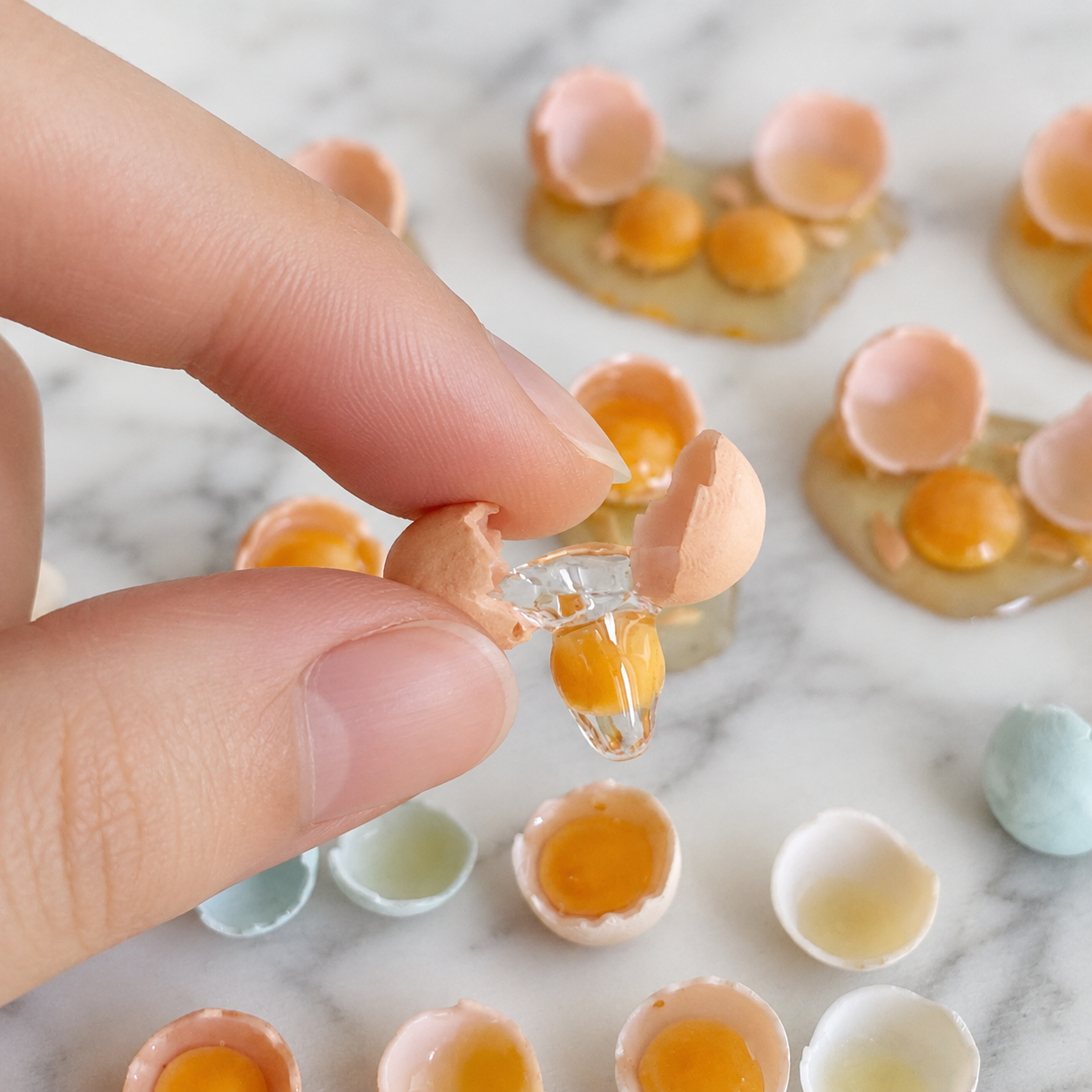 FDMINI Mini Cracked Eggs – 4 Shell Colors Realistic Miniature Broken Egg Food Props for 1:6 Scale Dollhouse Kitchen, BJD & Blythe Scenes