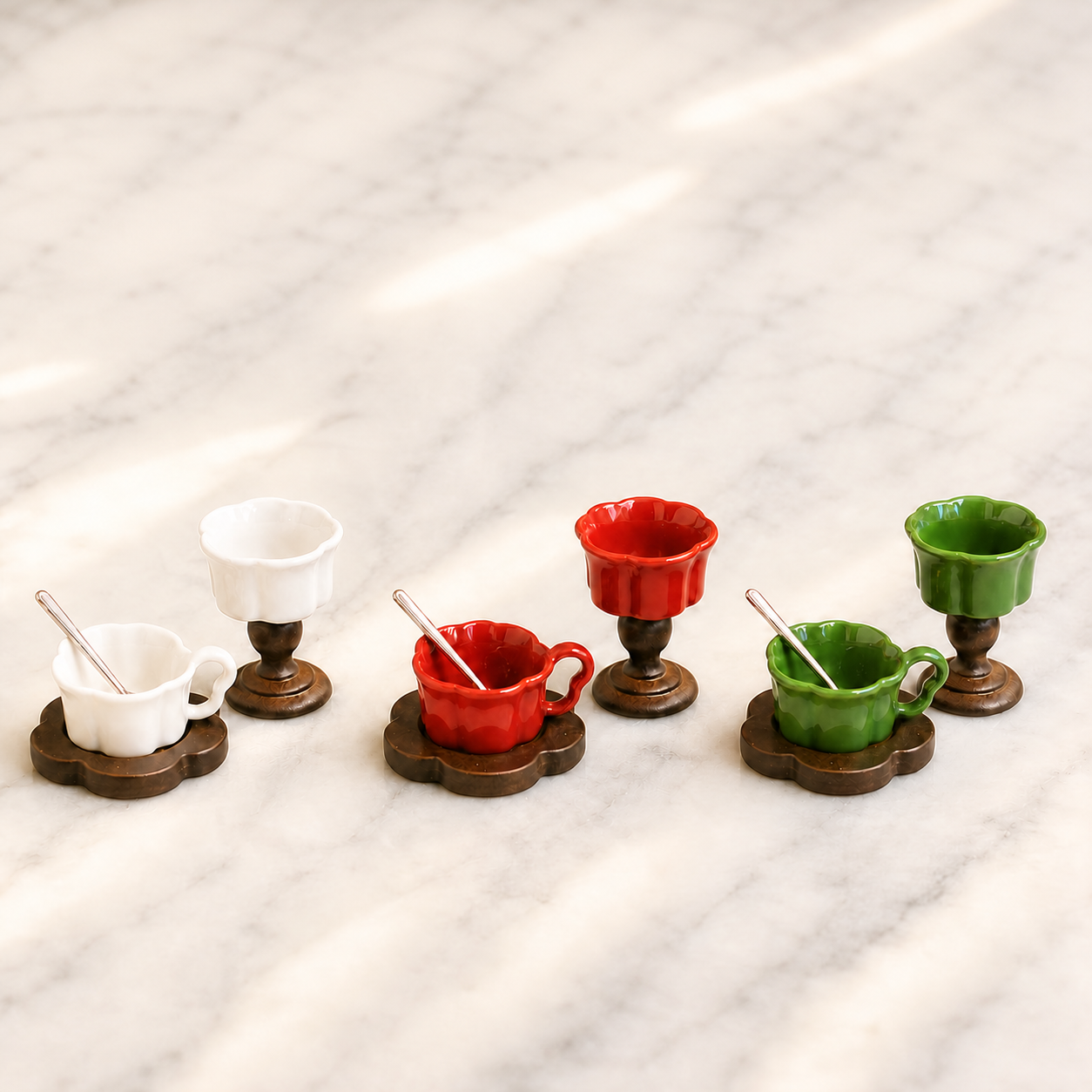 FDMINI Mini Teacup Set (Silver Spoon) – Miniature Ceramic Coffee Cup, Wood Saucer & Footed Goblet in 3 Colors for 1:12 Dollhouse & Christmas Tea Scenes