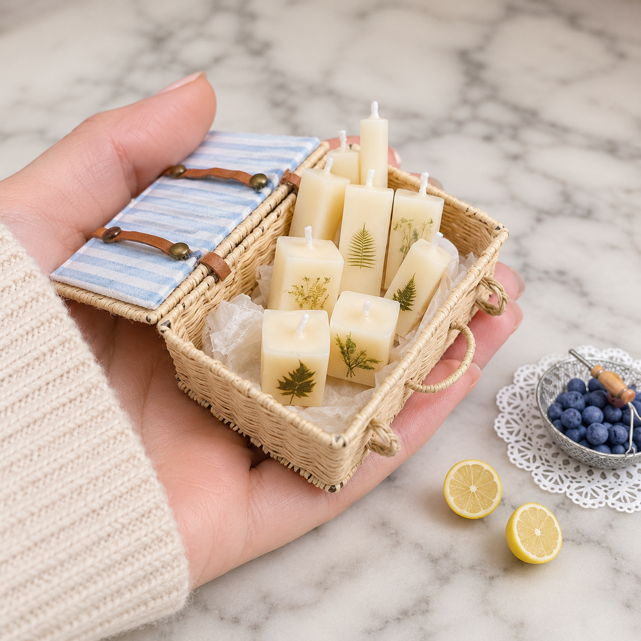FDMINI Mini Pressed-Flower Candles – Set of 6 Real Burnable Botanical Square Candles for 1:6 1:8 1:12 Scale Dollhouse, BJD & Blythe Scenes